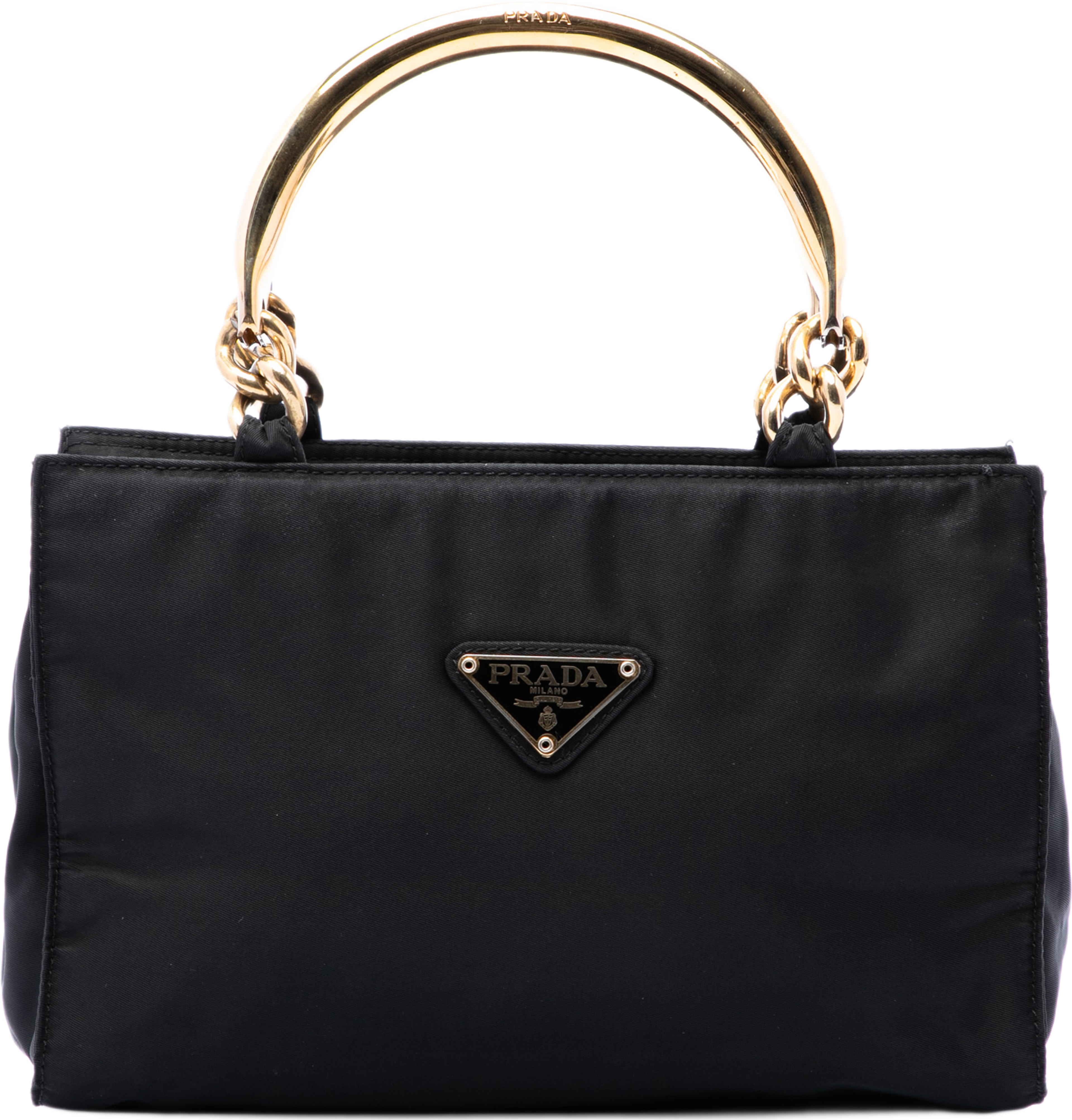 Prada Tessuto Metal Handle Bag, från Luxclusif, i färgen svart. Klicka för att öppna bilden i stort format