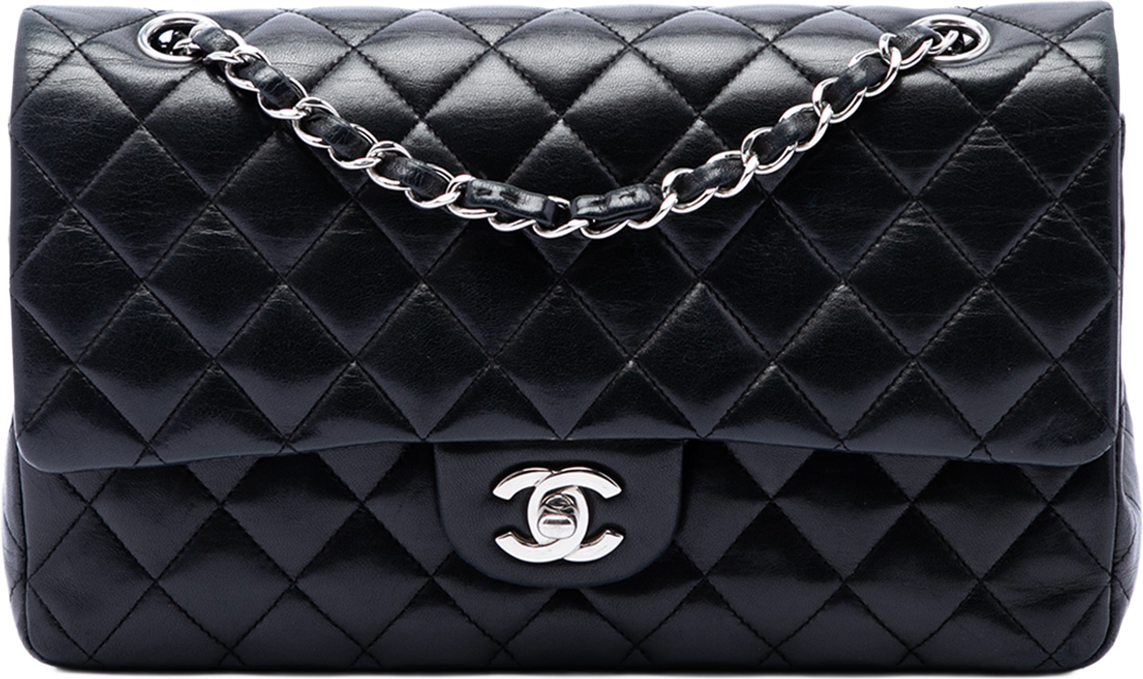 Chanel Medium Classic Lambskin Double Flap, från Luxclusif, i färgen svart. Klicka för att öppna bilden i stort format