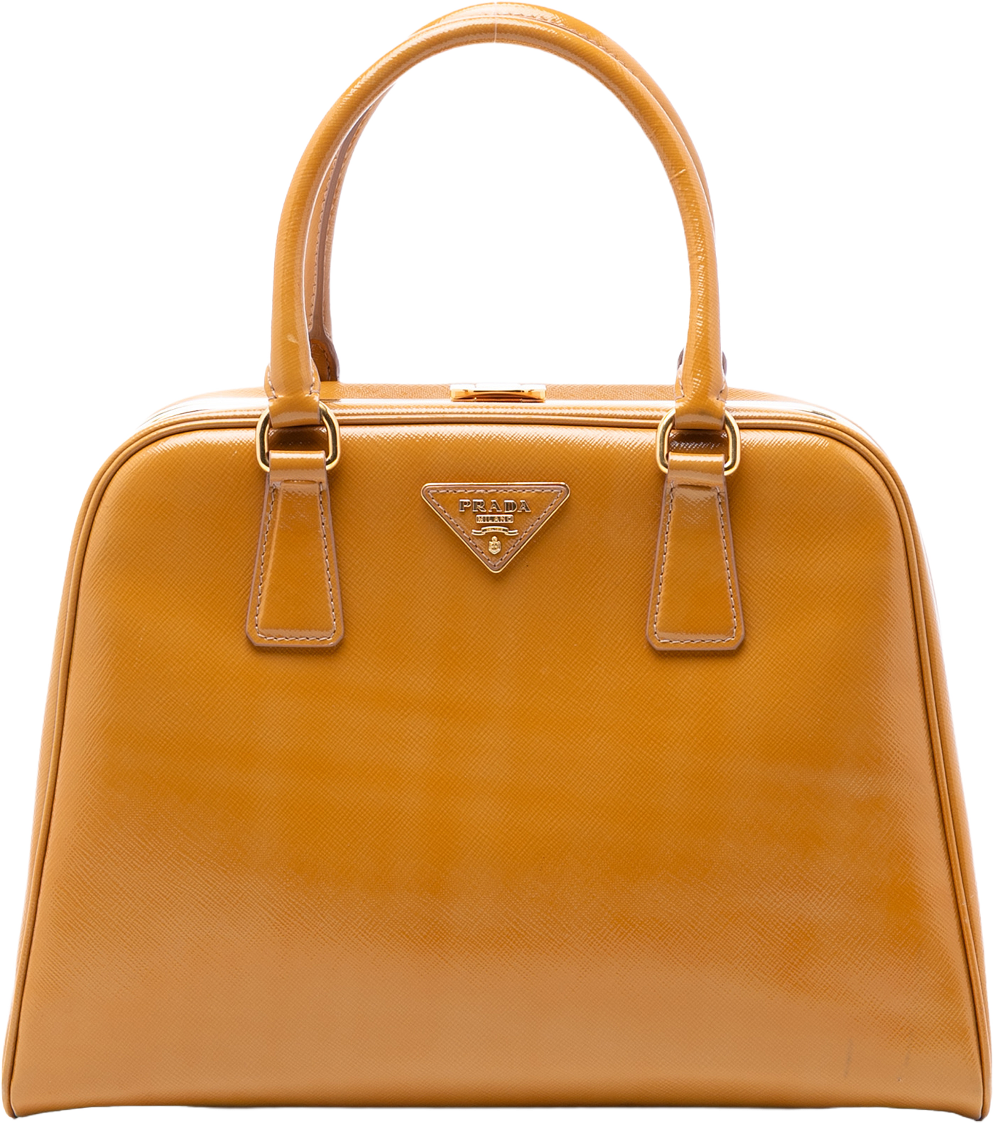 Prada Saffiano Vernice Pyramid Frame Handbag, från Luxclusif, i färgen caramel. Klicka för att öppna bilden i stort format