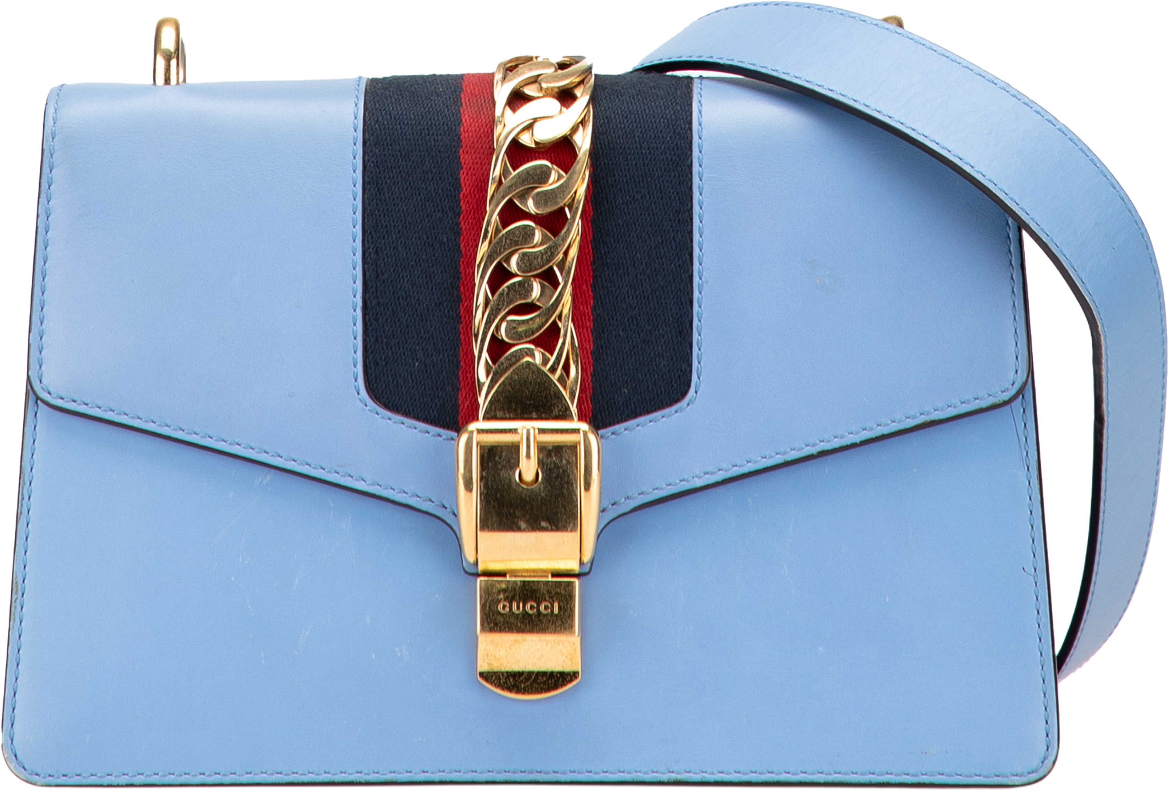 Gucci Small Leather Sylvie Web Satchel, från Luxclusif, i färgen light blue. Klicka för att öppna bilden i stort format