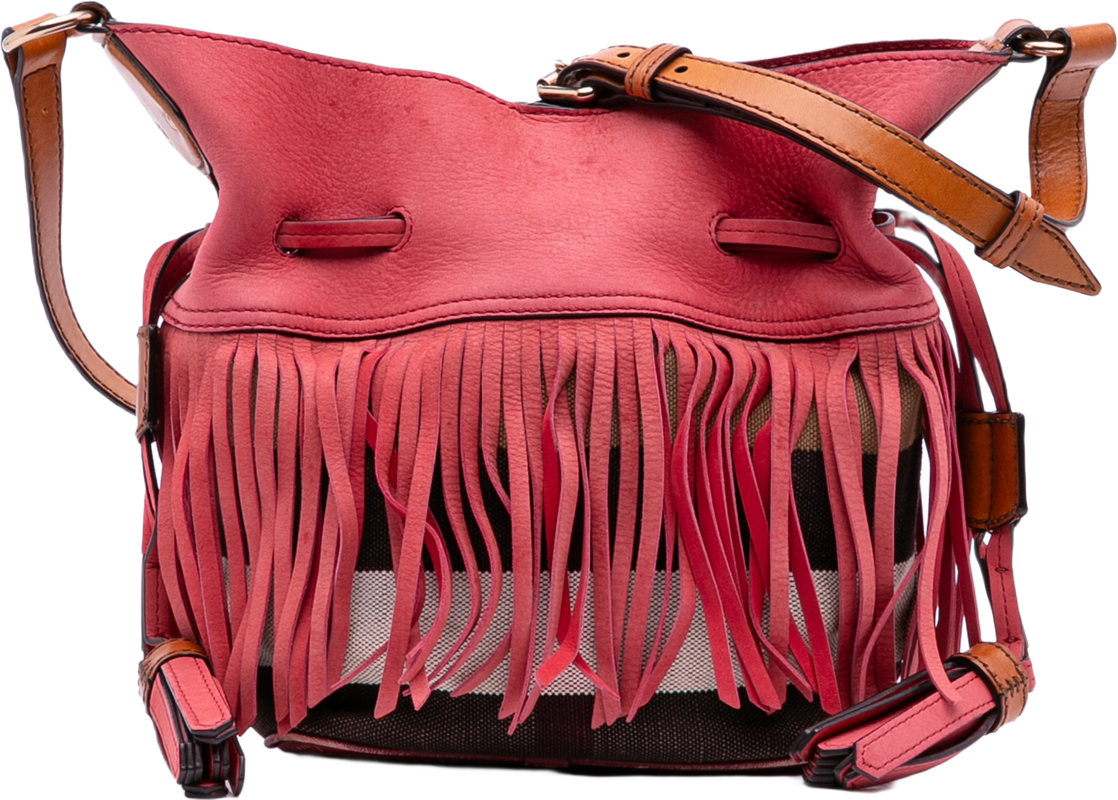 Burberry Small Mega Check Canvas And Suede Fringe Belgrove Bucket Bag, från Luxclusif, i färgen red. Klicka för att öppna bilden i stort format