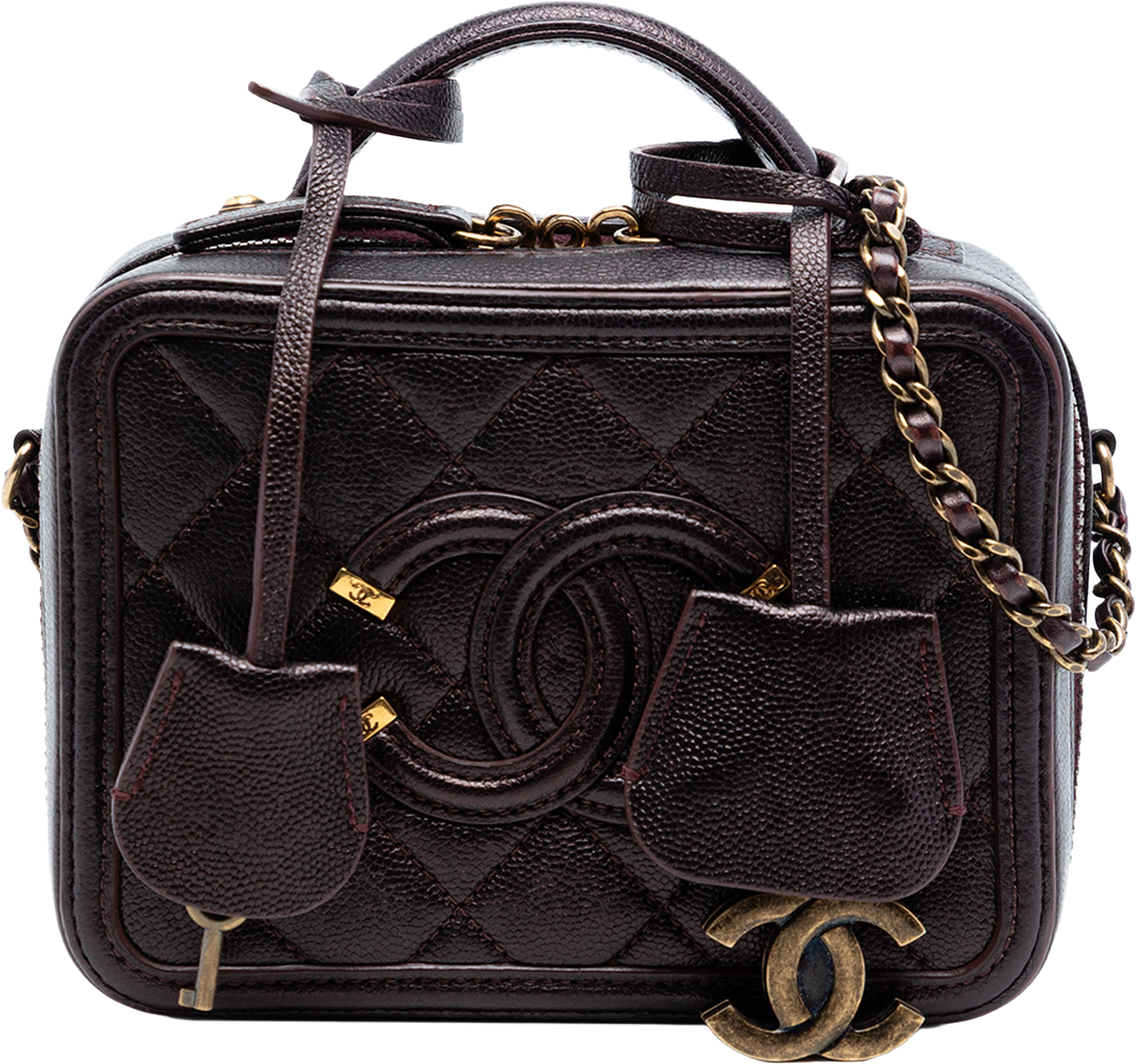 Chanel Small Quilted Caviar Filigree Vanity Case, från Luxclusif, i färgen burgundy. Klicka för att öppna bilden i stort format