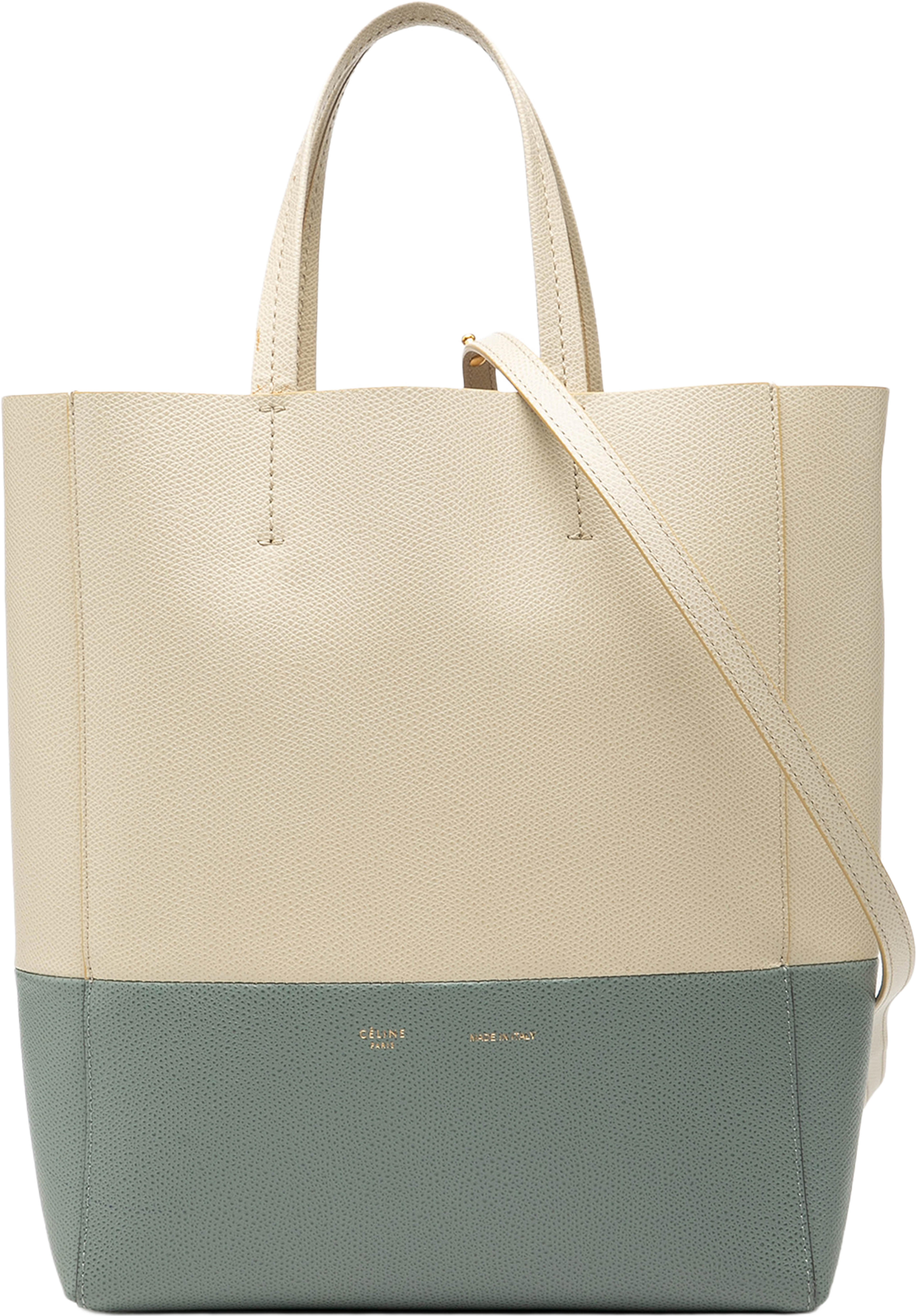 Celine Small Bicolor Grained Calfskin Vertical Cabas Tote, från Luxclusif, i färgen beige. Klicka för att öppna bilden i stort format
