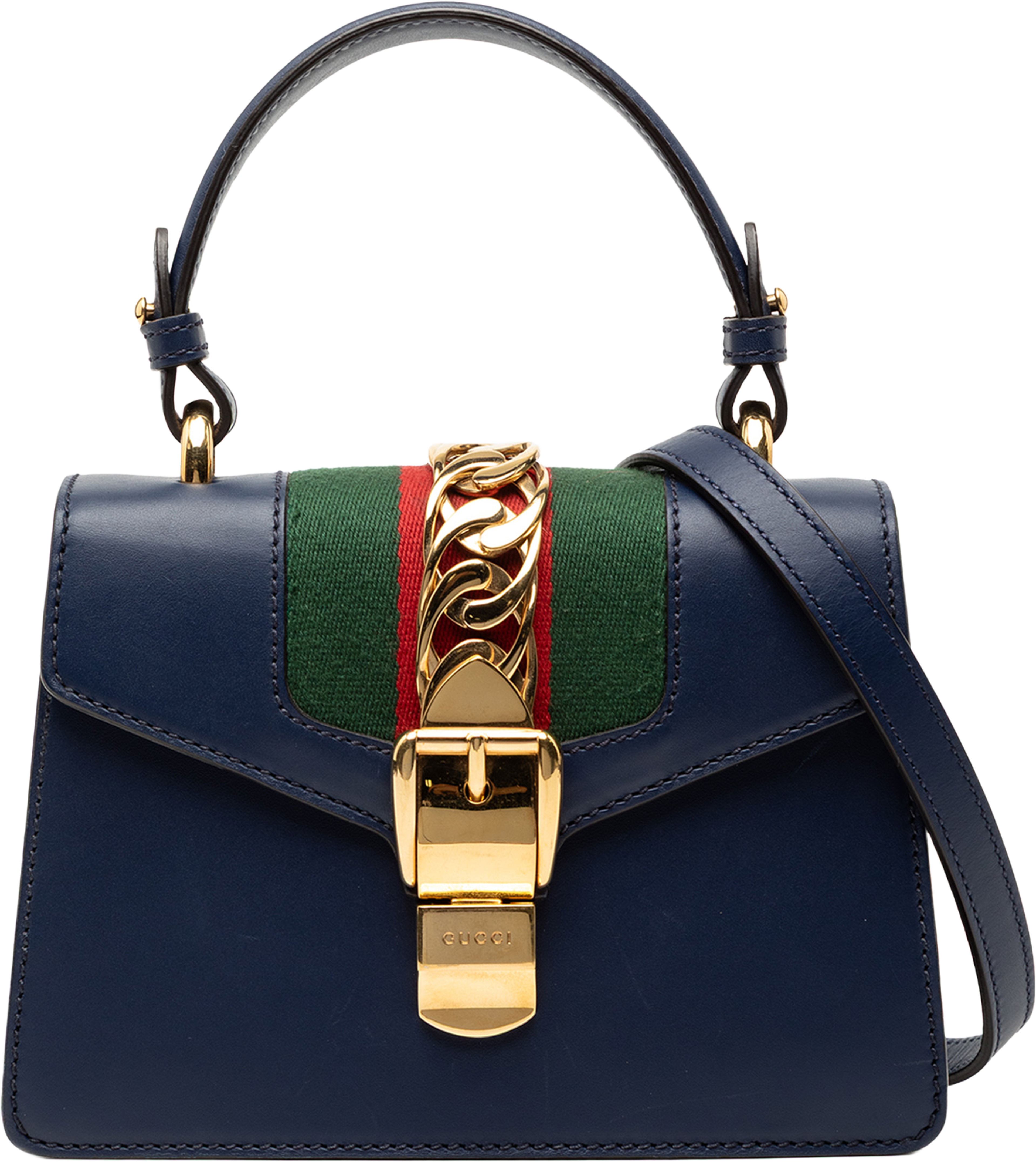 Gucci Mini Leather Sylvie Satchel, från Luxclusif, i färgen navy. Klicka för att öppna bilden i stort format