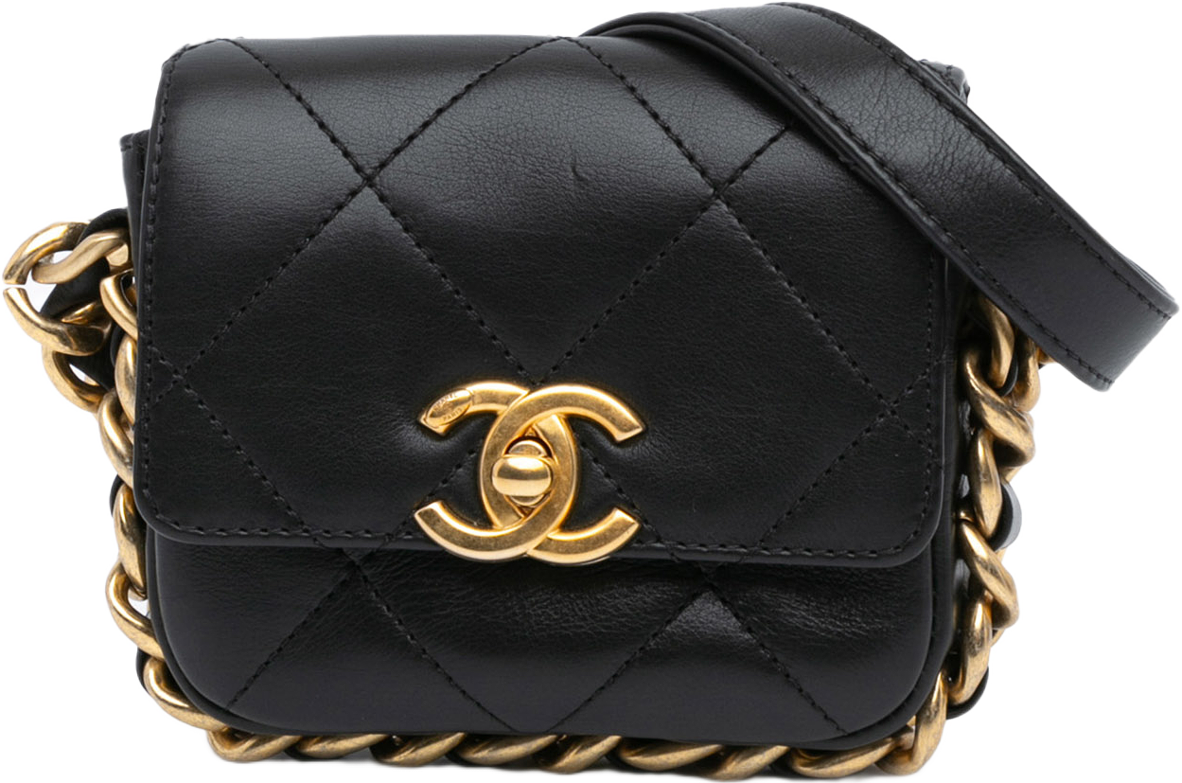 Chanel Mini Quilted Calfskin Framing Chain Flap, från Luxclusif, i färgen black. Klicka för att öppna bilden i stort format