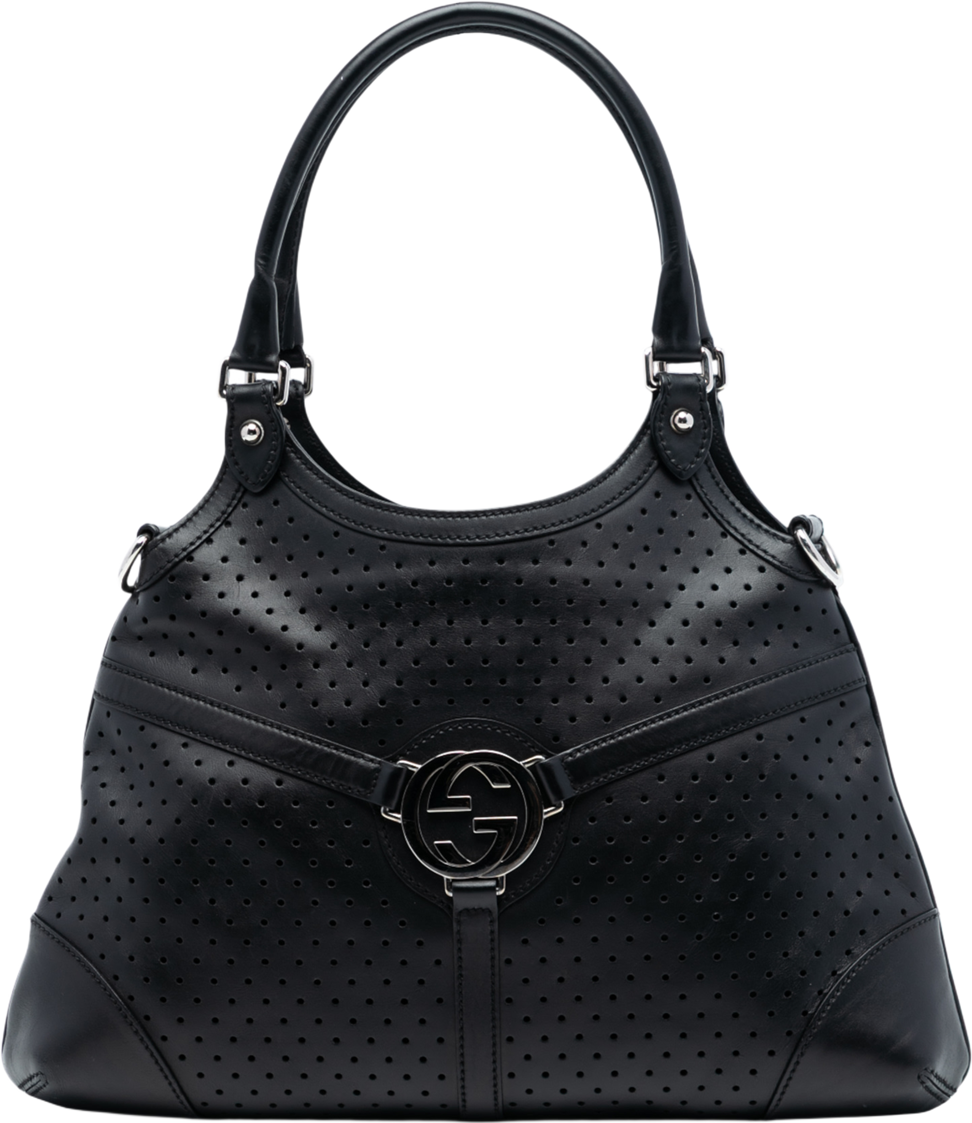 Gucci Perforated Calfskin Interlocking G Reins Satchel, från Luxclusif, i färgen black. Klicka för att öppna bilden i stort format