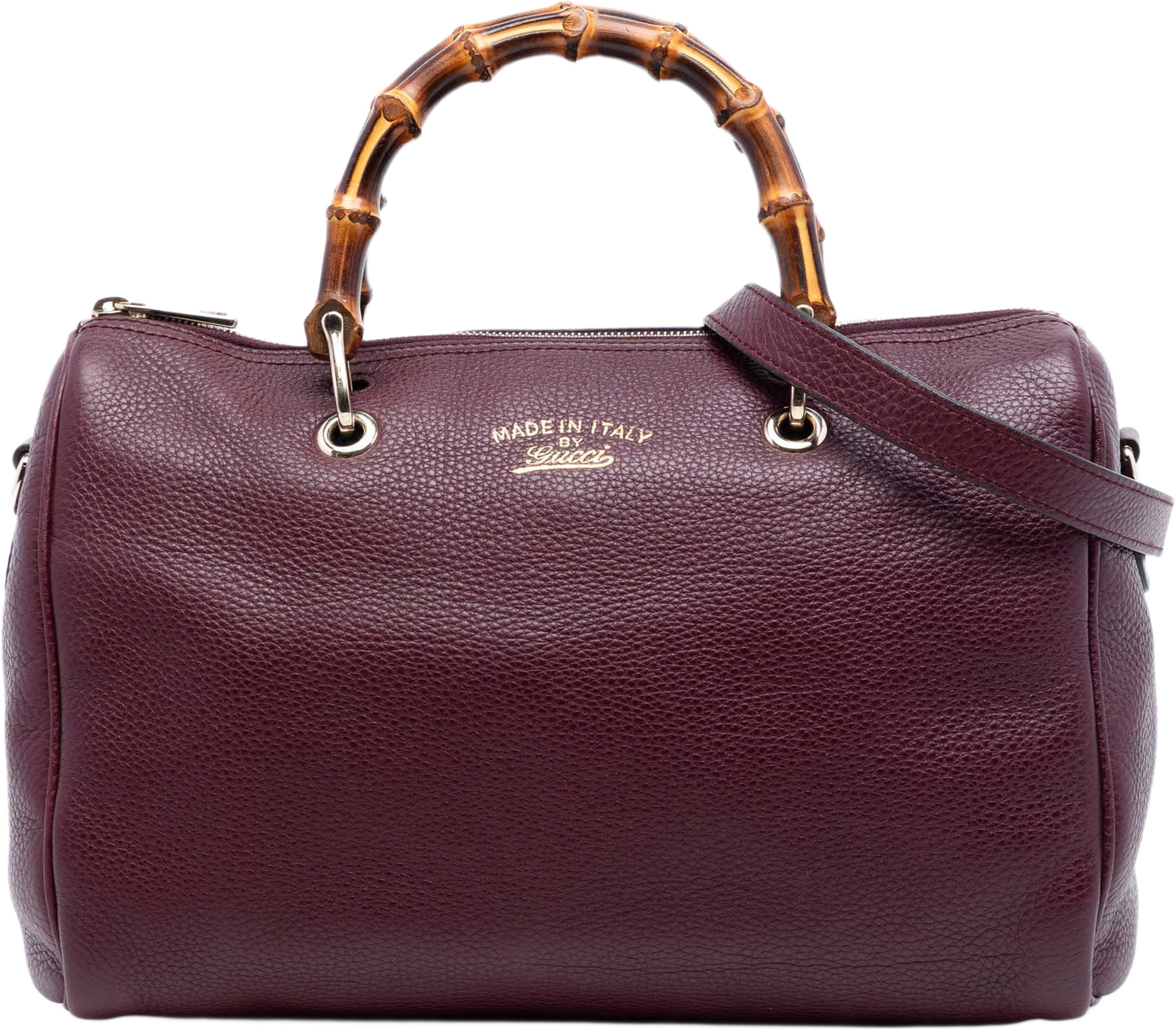 Gucci Medium Calfskin Bamboo Shopper Boston Bag, från Luxclusif, i färgen burgundy. Klicka för att öppna bilden i stort format