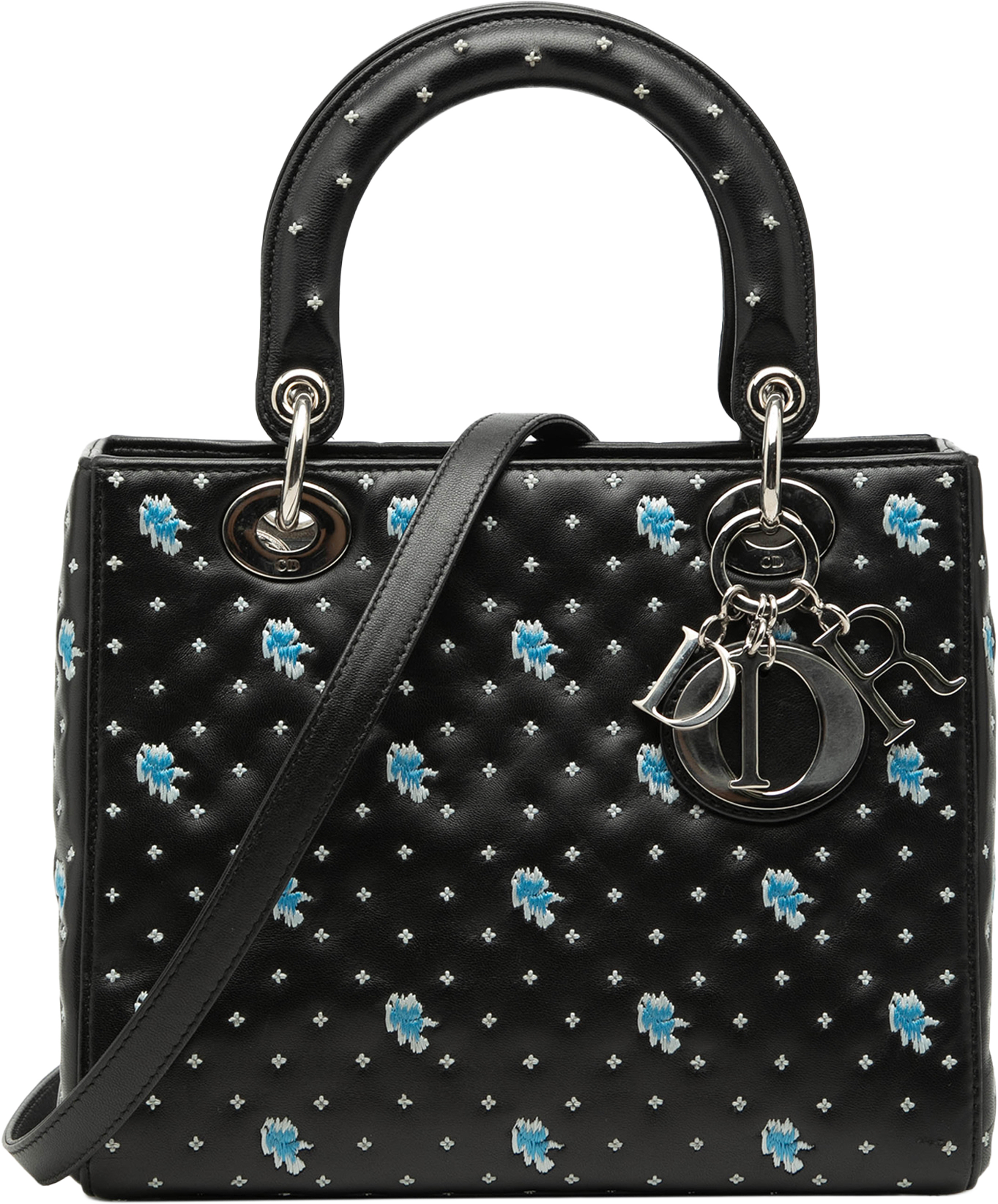 Dior Medium Calfskin Embroidered Flower Lady Dior, från Luxclusif, i färgen black. Klicka för att öppna bilden i stort format