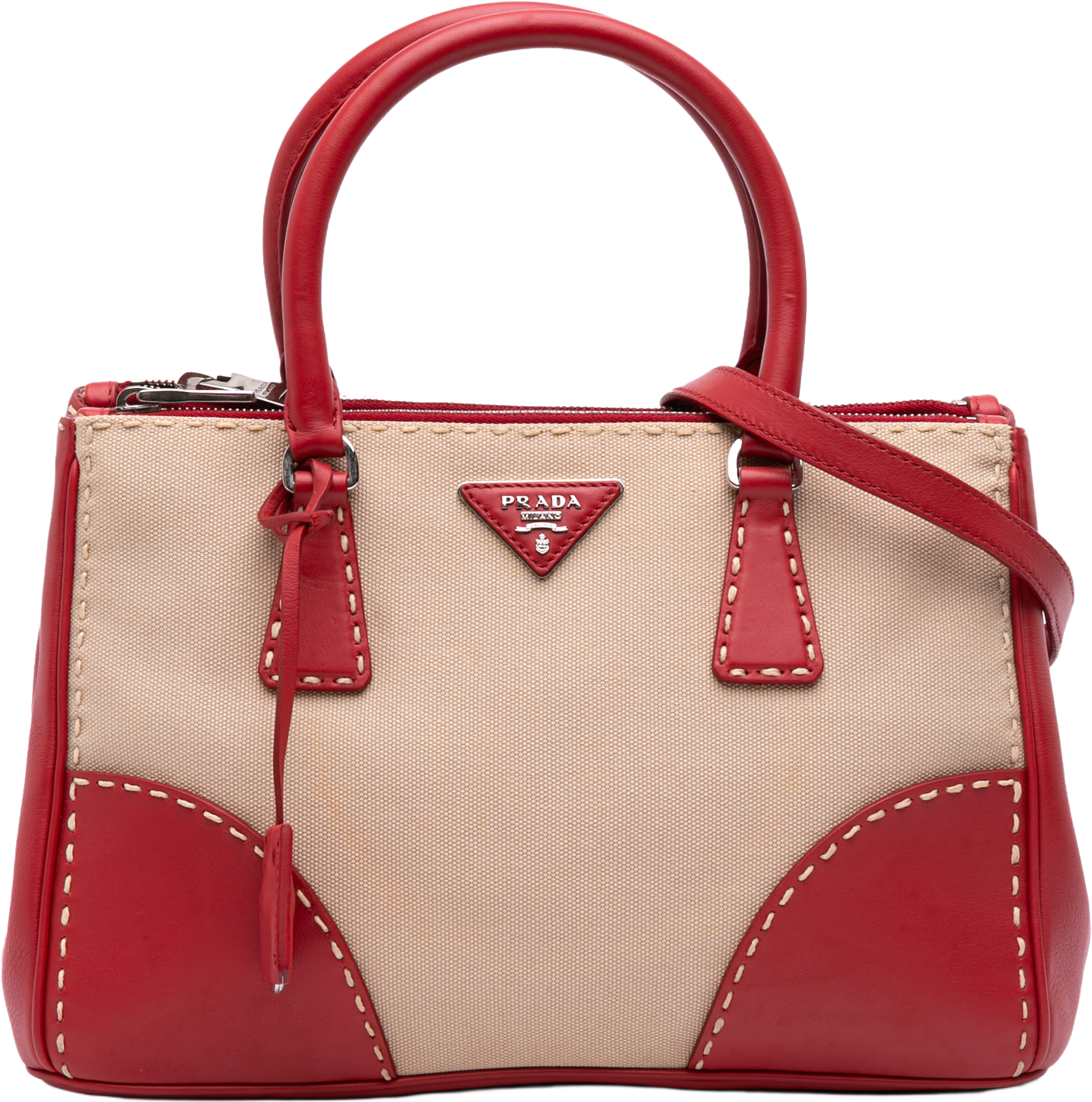 Prada Small Canvas And City Calf Hand Stitched Galleria Double Zip Satchel, från Luxclusif, i färgen beige. Klicka för att öppna bilden i stort format