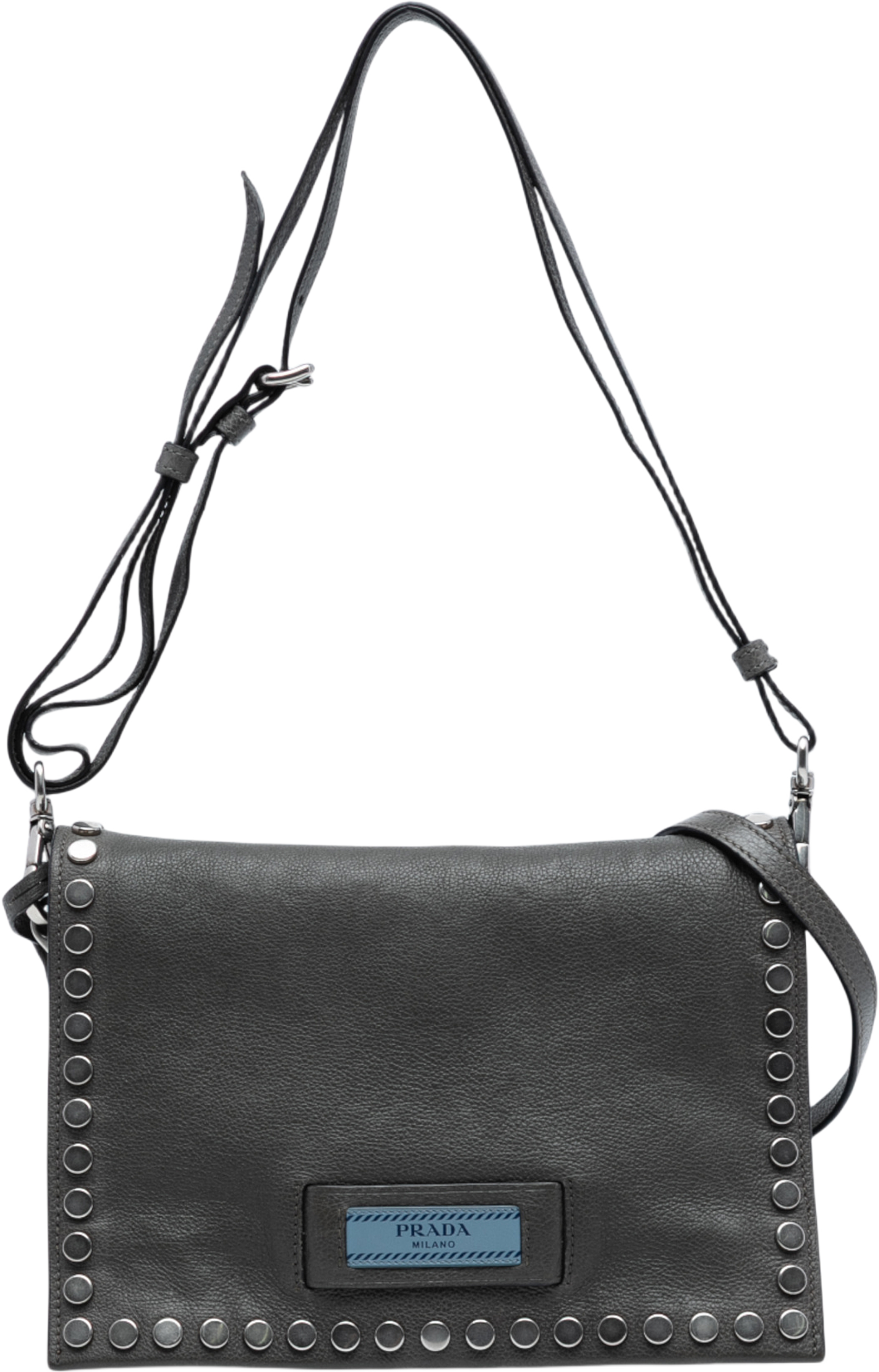 Prada Glace Calfskin Studded Etiquette Flap, från Luxclusif, i färgen dark gray. Klicka för att öppna bilden i stort format