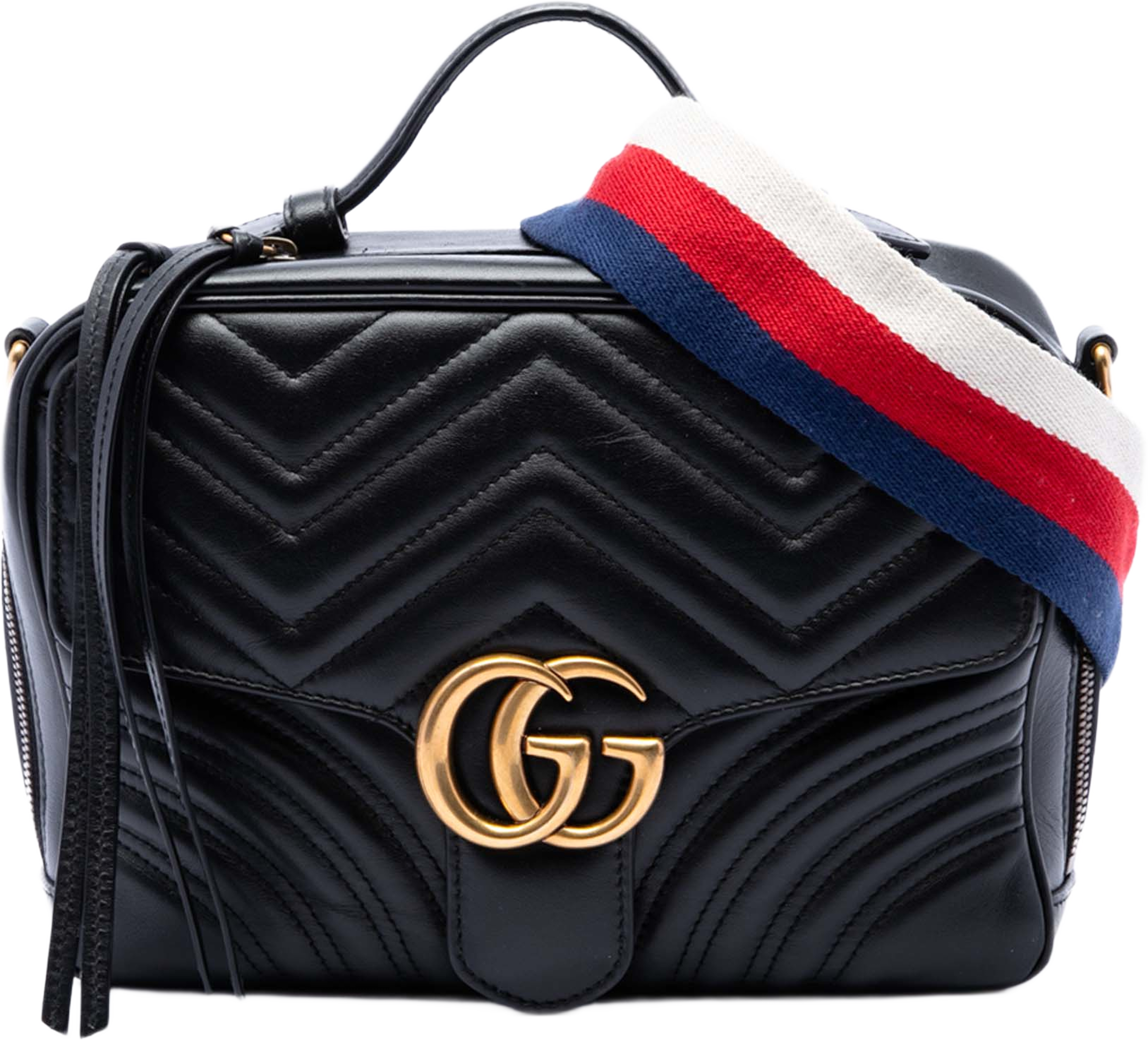 Gucci Small Gg Marmont Matelasse Calfskin Top Handle Satchel, från Luxclusif, i färgen svart. Klicka för att öppna bilden i stort format