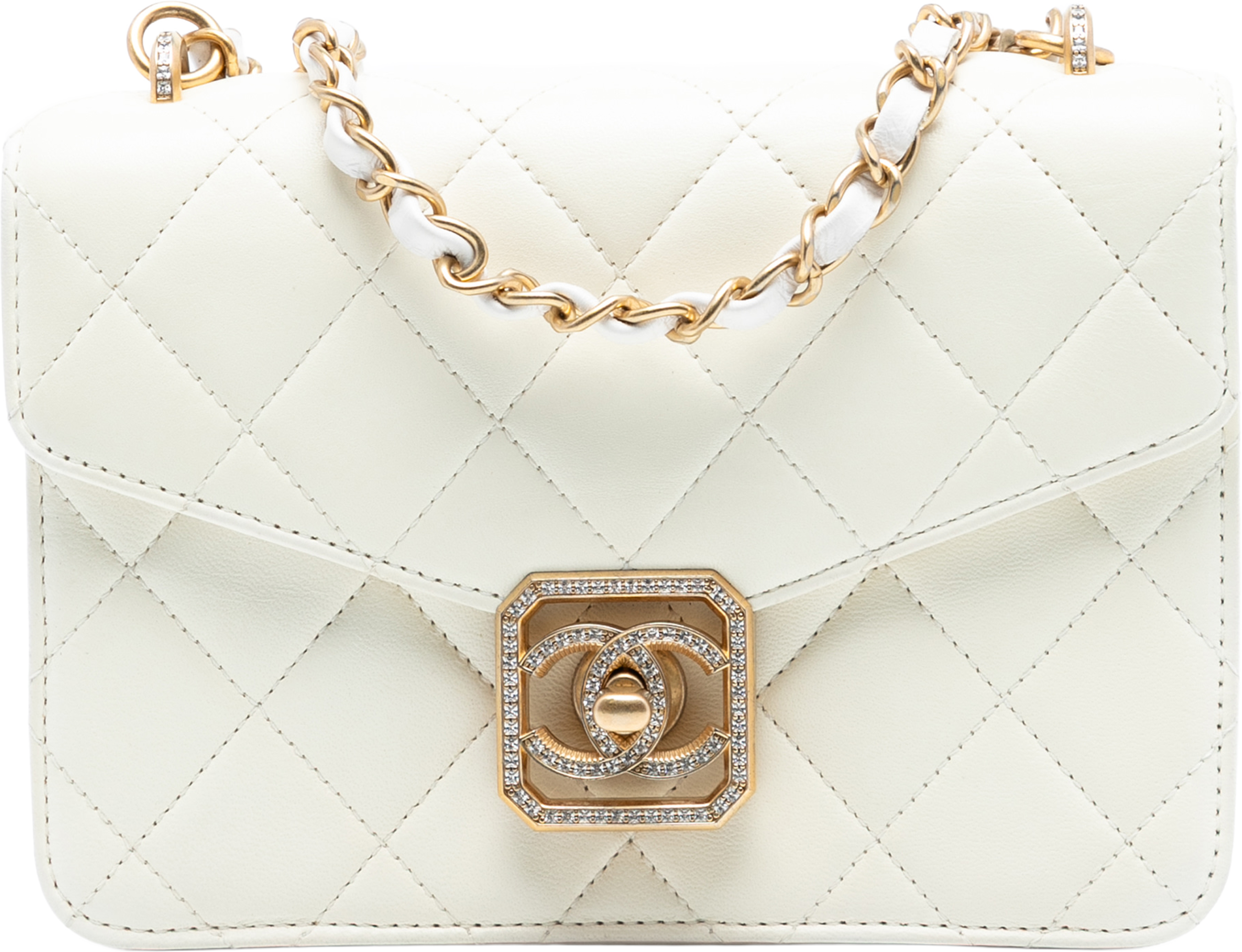 Chanel Quilted Lambskin Crystal Geometric Cc Frame Flap, från Luxclusif, i färgen ivory. Klicka för att öppna bilden i stort format