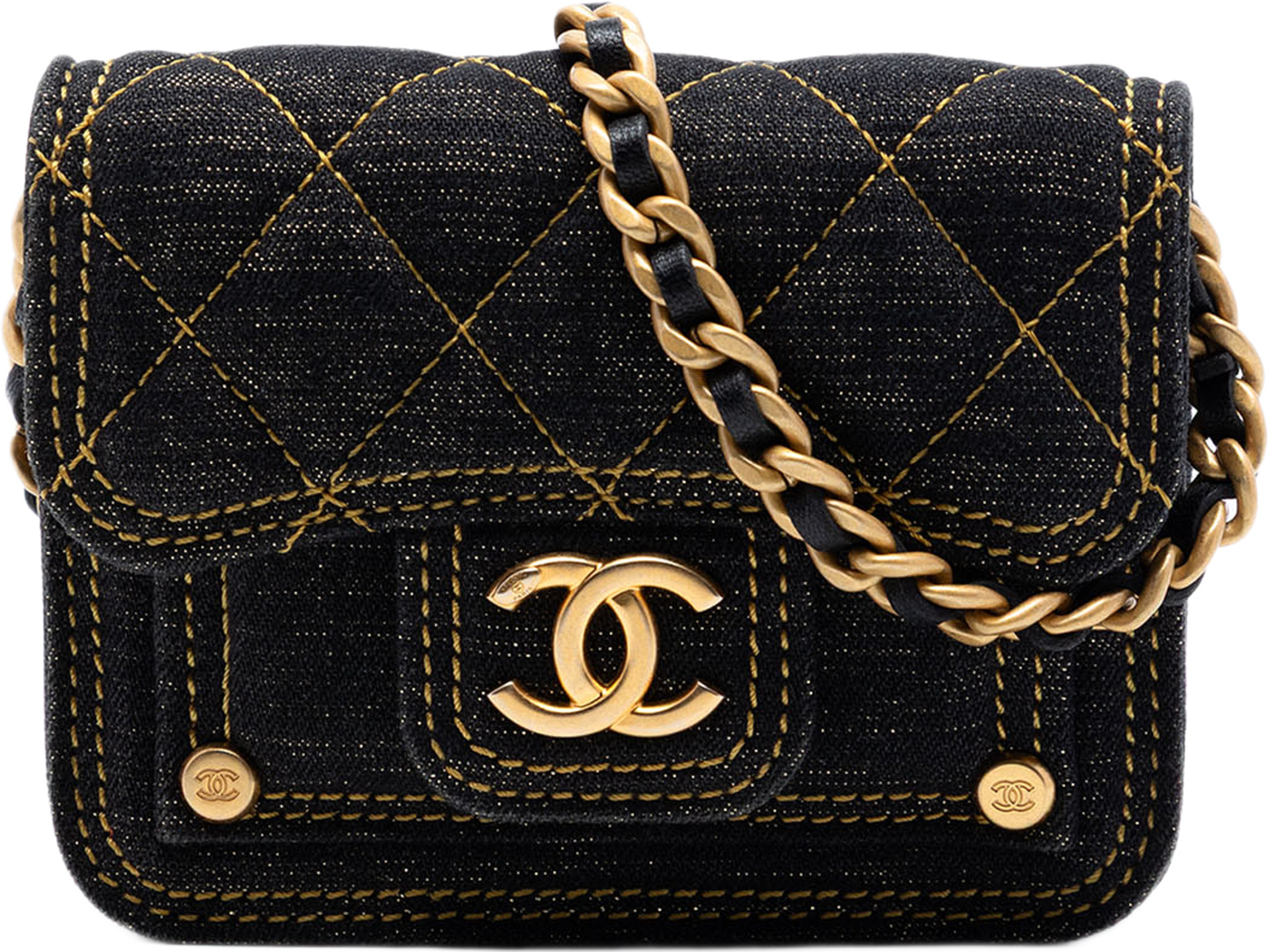 Chanel Mini Quilted Denim Double You Card Holder With Chain, från Luxclusif, i färgen navy. Klicka för att öppna bilden i stort format