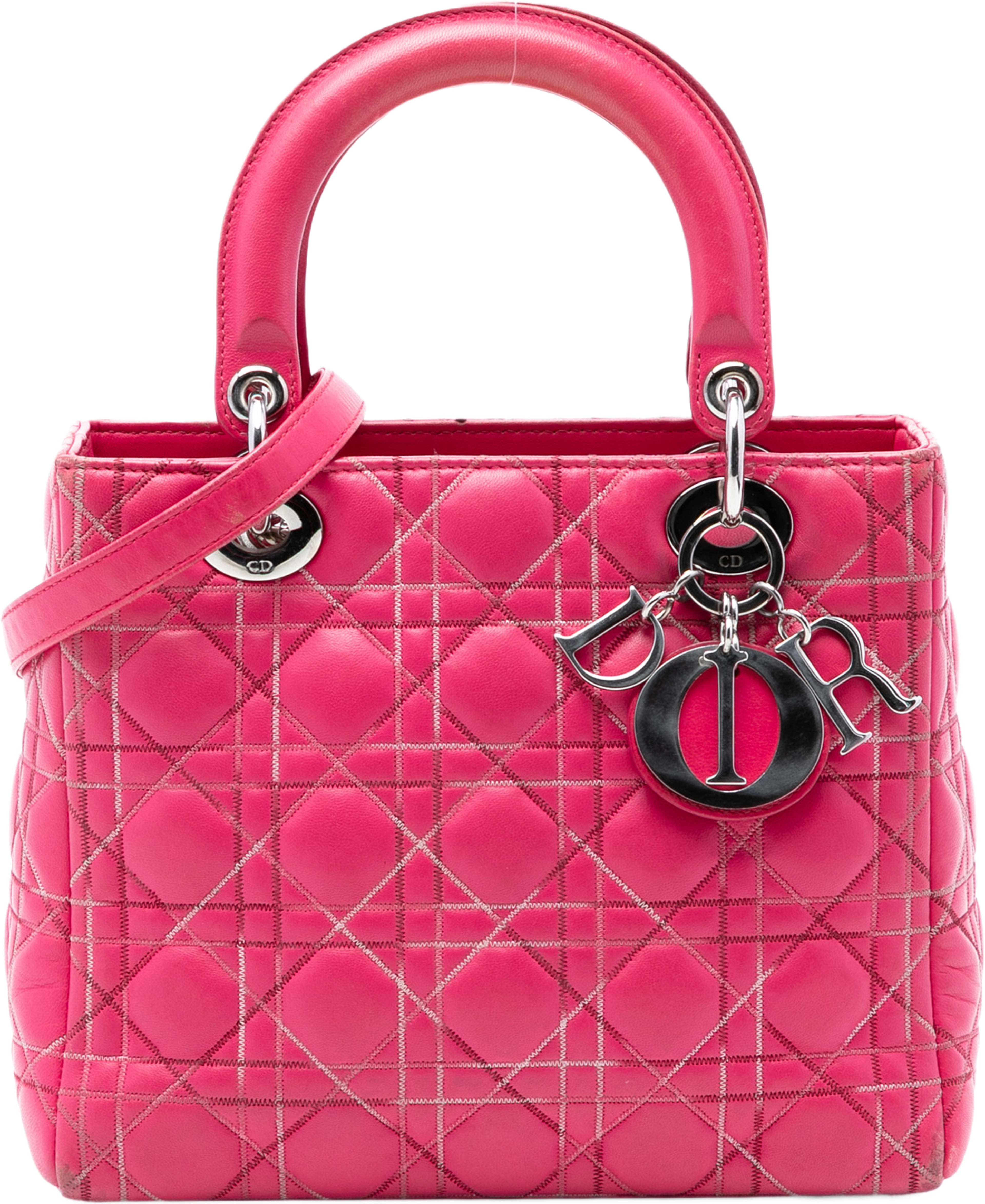 Dior Medium Lambskin Cannage Contrast Stitch Lady Dior, från Luxclusif, i färgen hot pink. Klicka för att öppna bilden i stort format