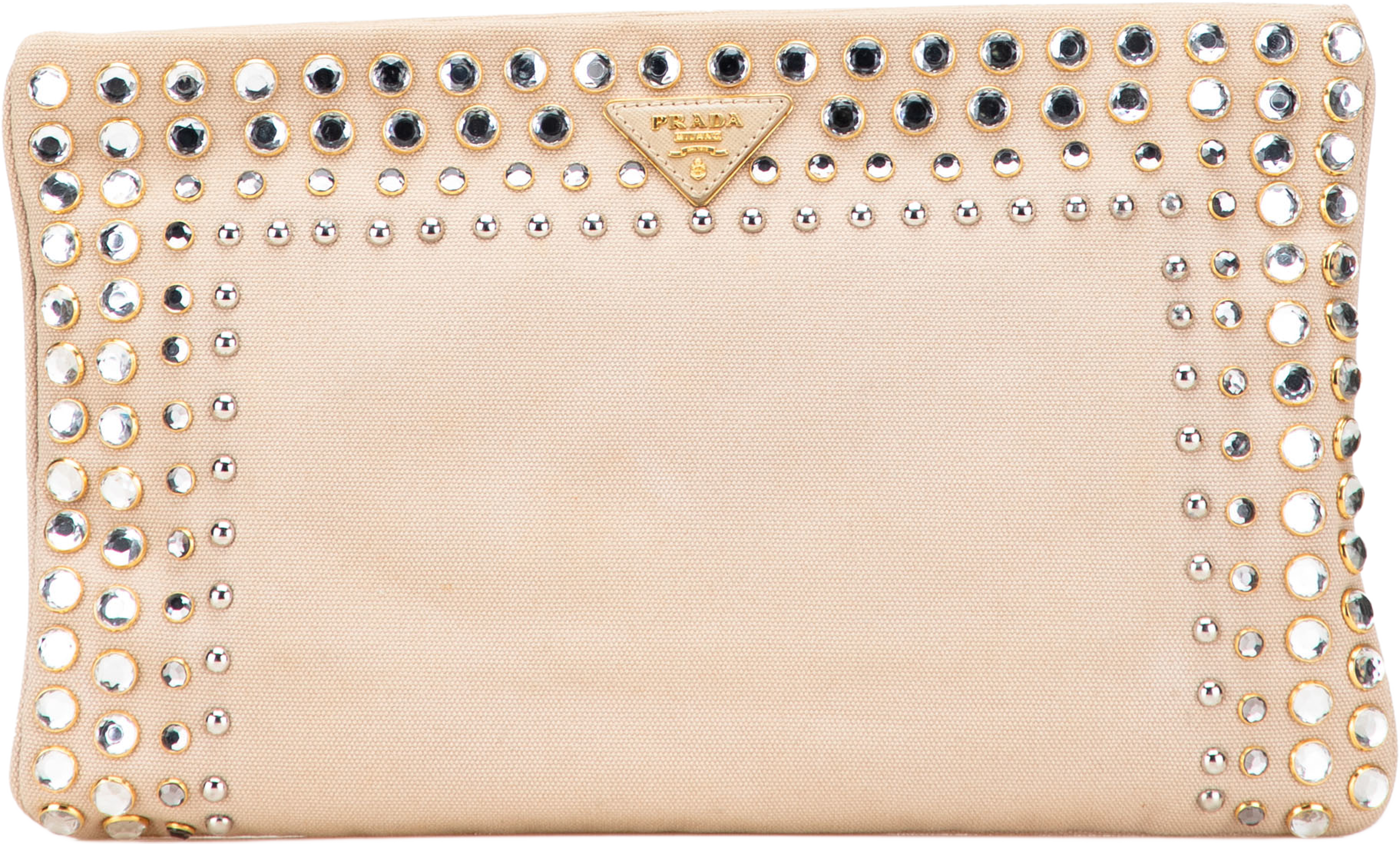 Prada Canvas Canapa Studded Vernice Clutch, från Luxclusif, i färgen beige. Klicka för att öppna bilden i stort format