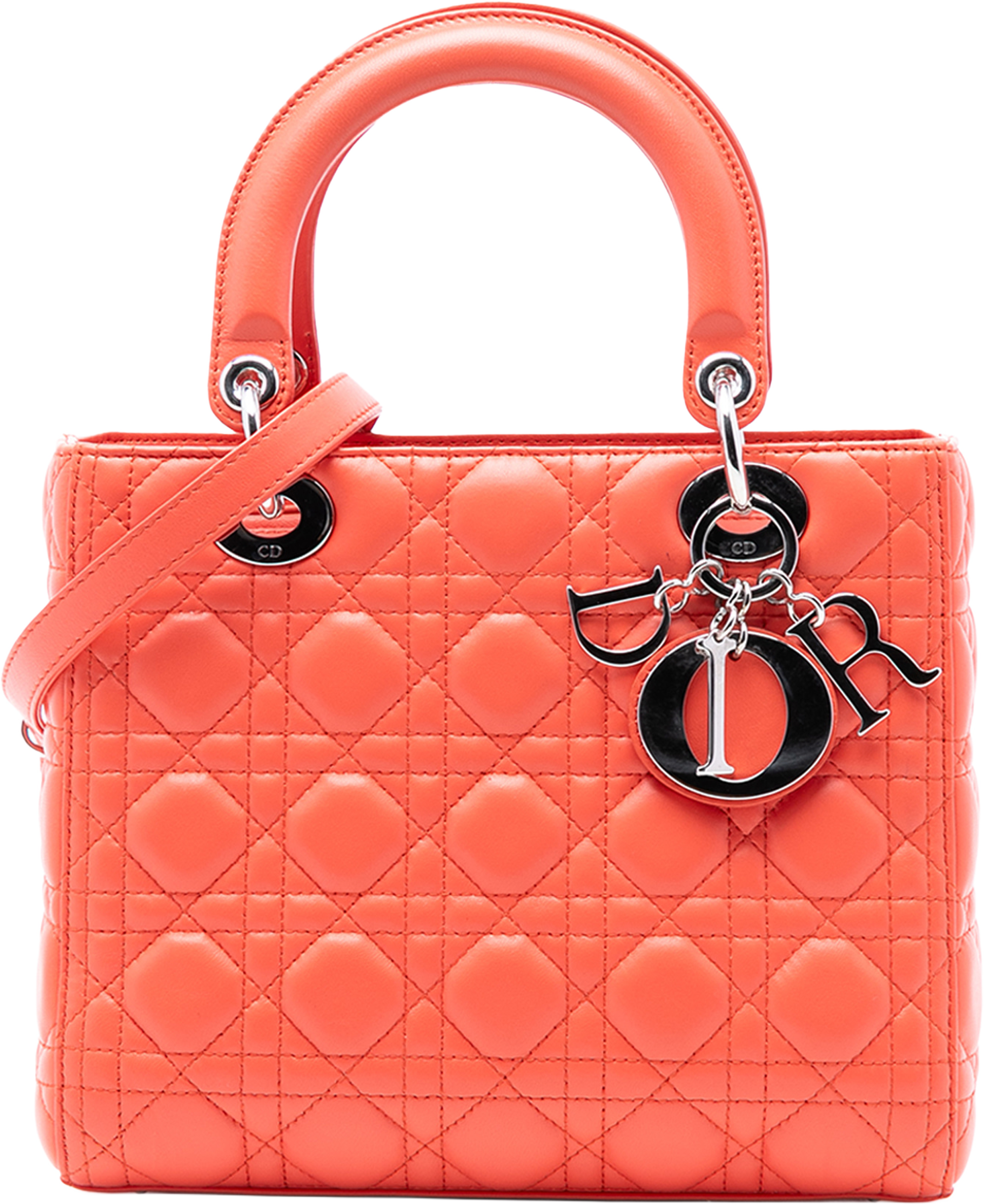Dior Medium Lambskin Cannage Lady Dior, från Luxclusif, i färgen dark orange. Klicka för att öppna bilden i stort format