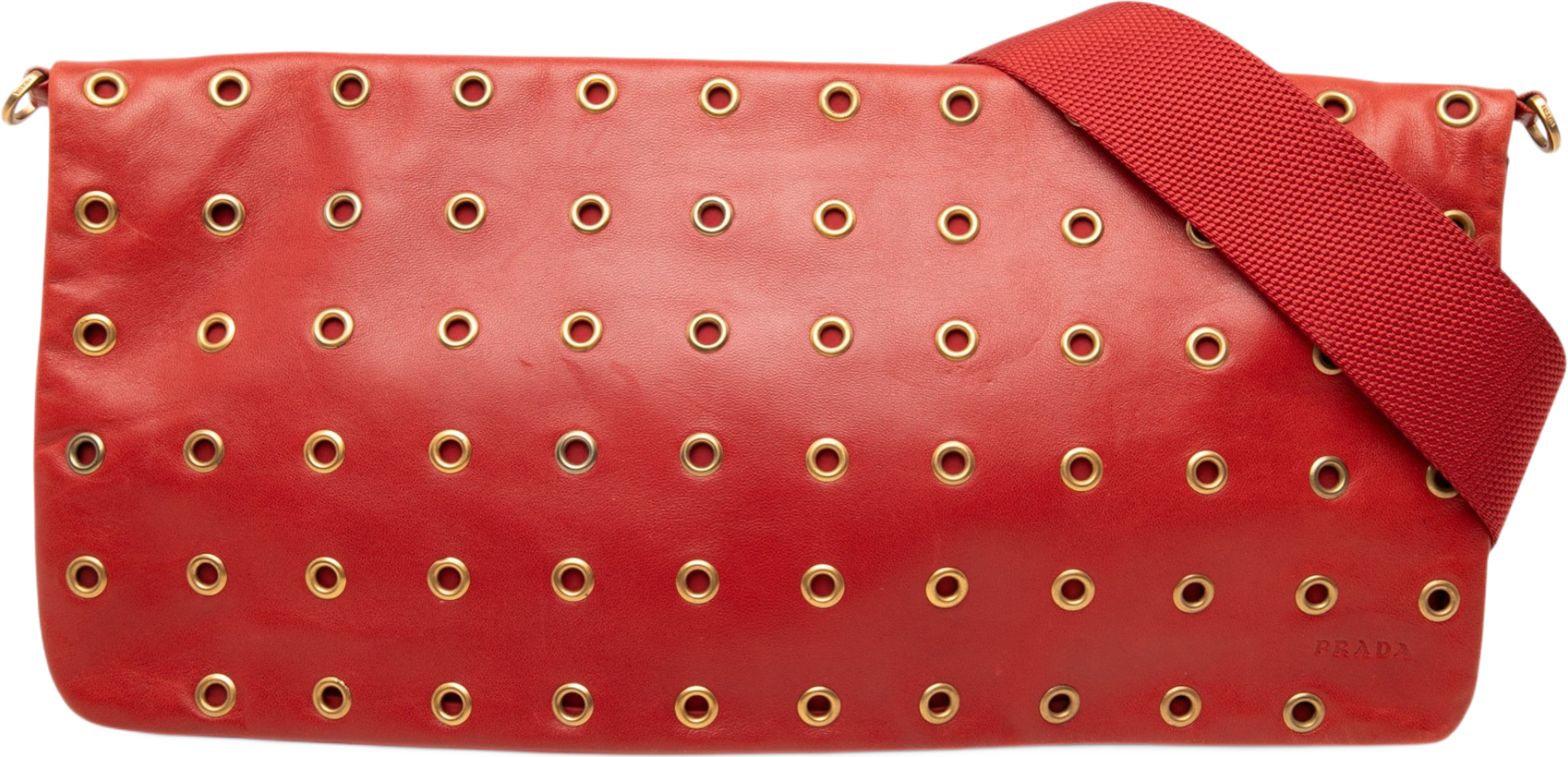 Prada Nappa Grommet Shoulder Bag, från Luxclusif, i färgen röd. Klicka för att öppna bilden i stort format