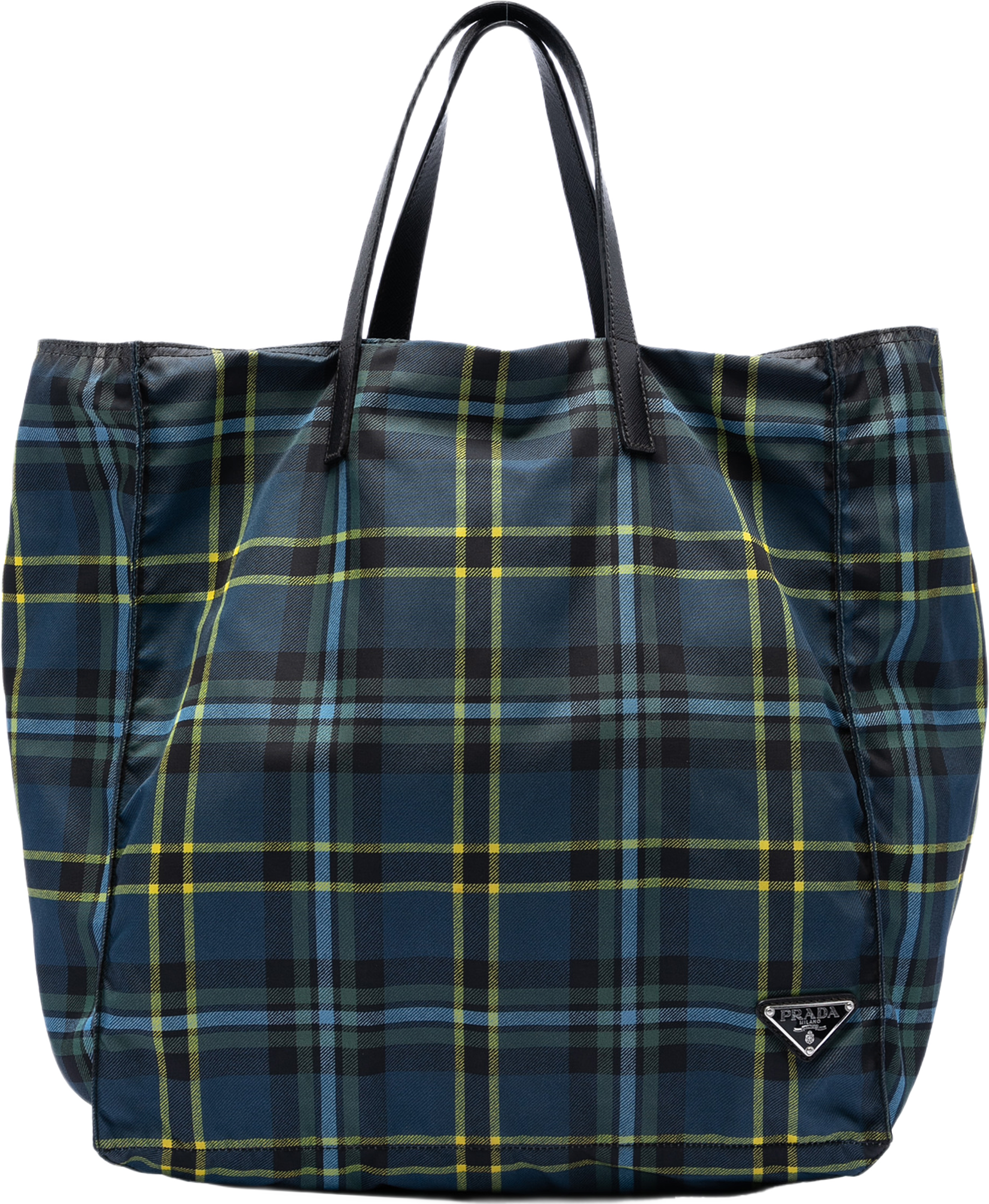Prada Tessuto Stampato Plaid Tote, från Luxclusif, i färgen blå. Klicka för att öppna bilden i stort format