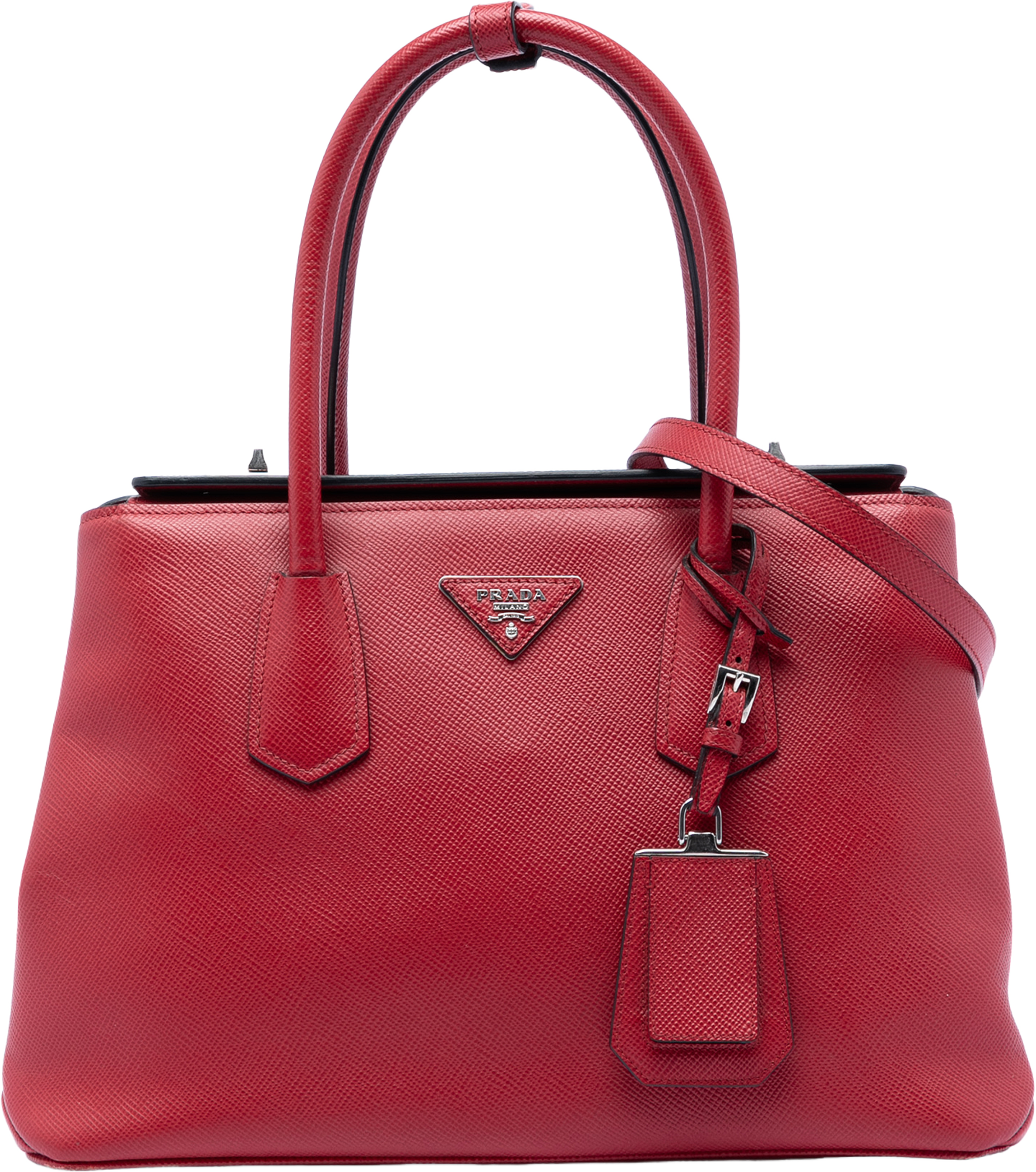 Prada Saffiano Cuir Turnlock Twin Satchel, från Luxclusif, i färgen red. Klicka för att öppna bilden i stort format