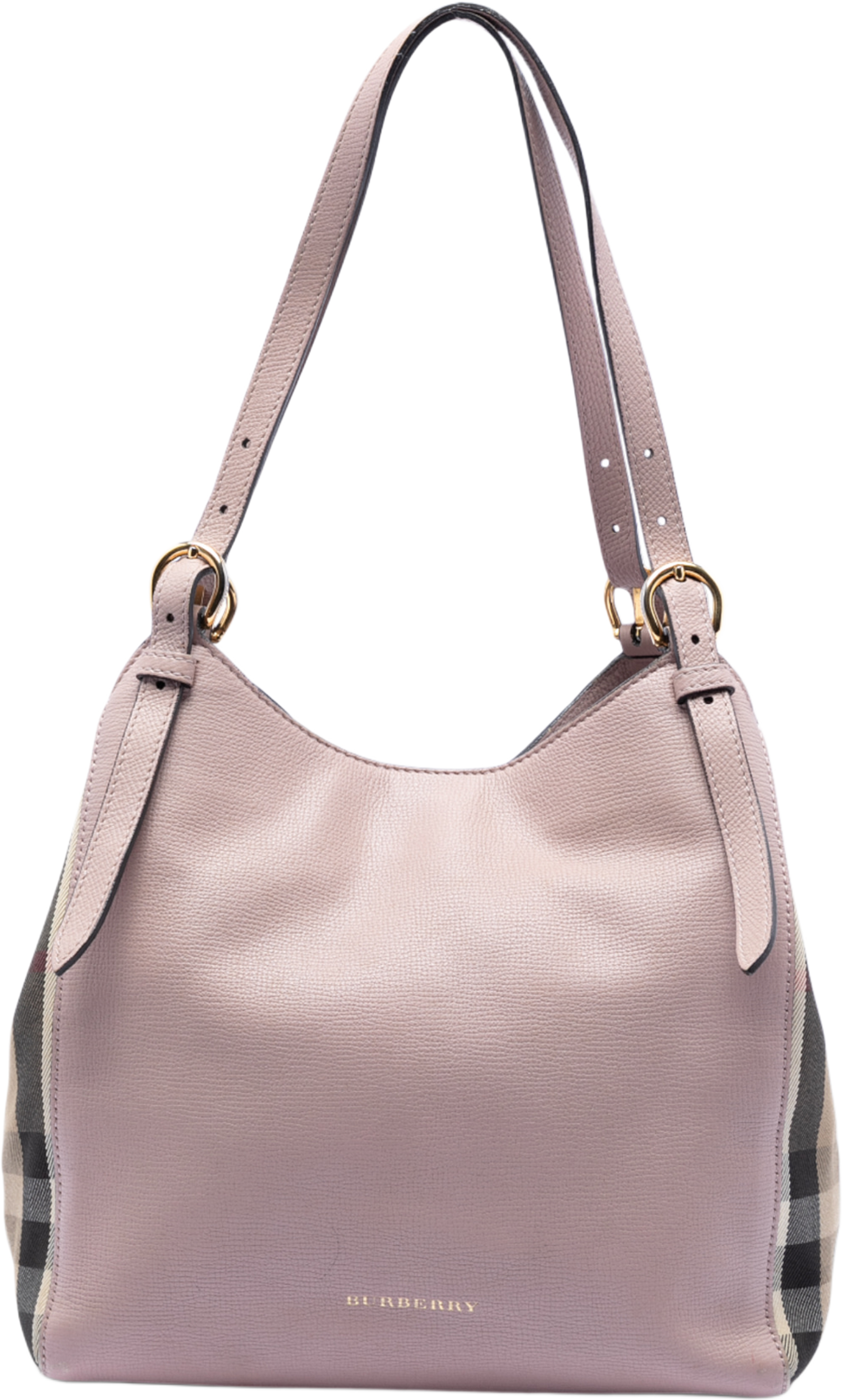 Burberry Small Leather And House Check Canvas Canterbury Tote, från Luxclusif, i färgen light pink. Klicka för att öppna bilden i stort format