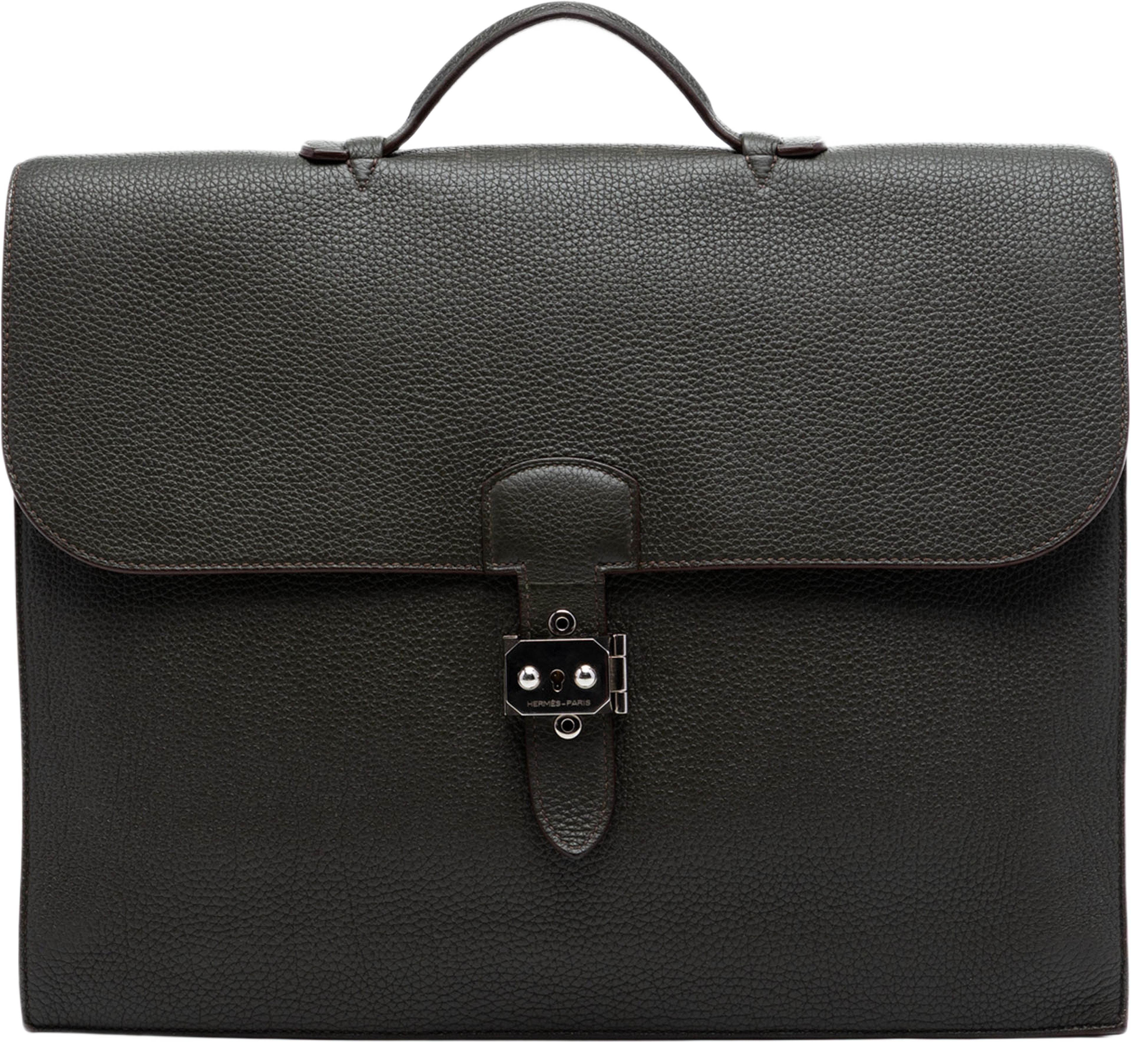 Hermès Togo Sac A Depeches 38, från Luxclusif, i färgen dark khaki. Klicka för att öppna bilden i stort format