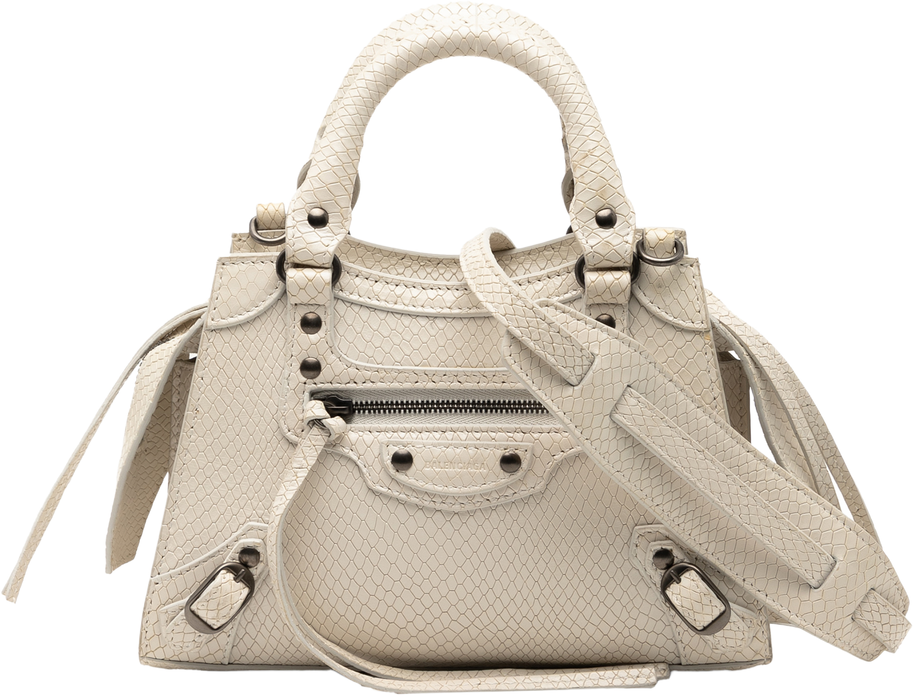 Balenciaga Mini Python Embossed Calfskin Neo Classic City Satchel, från Luxclusif, i färgen ivory. Klicka för att öppna bilden i stort format