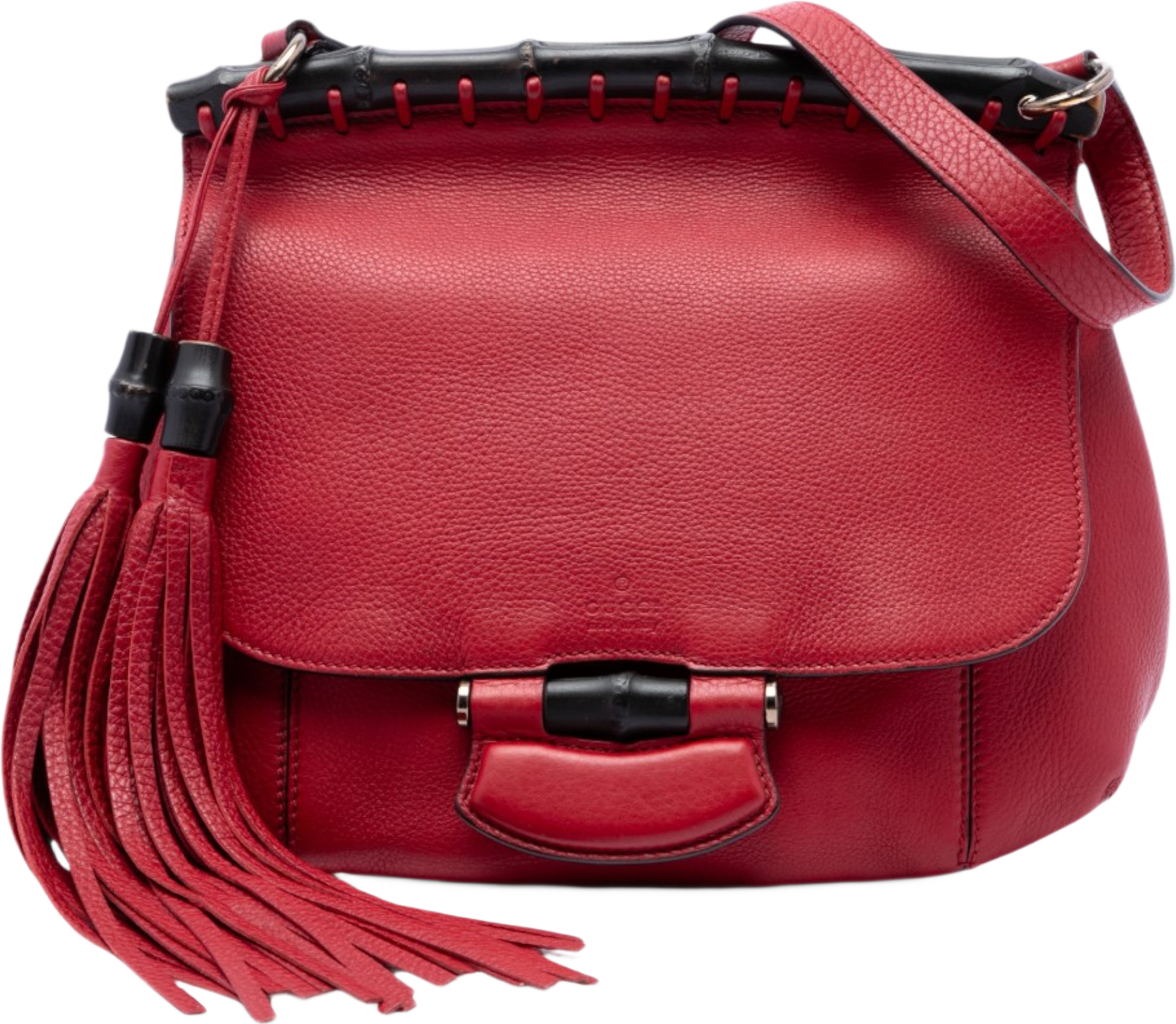 Gucci Medium Leather Bamboo Nouveau Fringe Crossbody, från Luxclusif, i färgen röd. Klicka för att öppna bilden i stort format