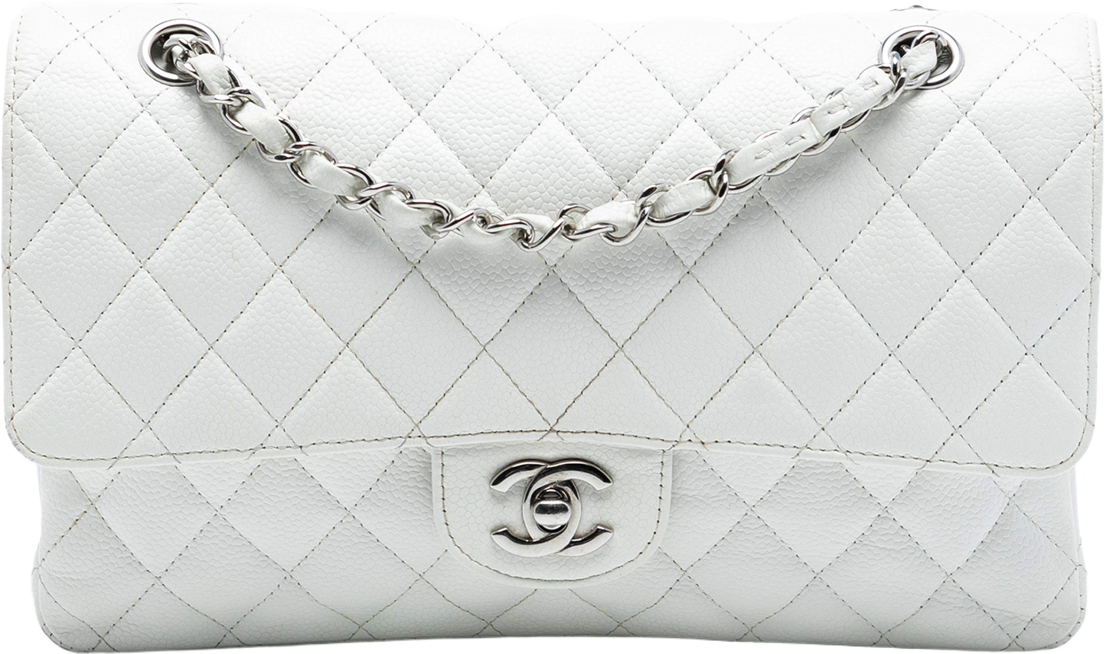Chanel Medium Classic Caviar Double Flap, från Luxclusif, i färgen off white. Klicka för att öppna bilden i stort format
