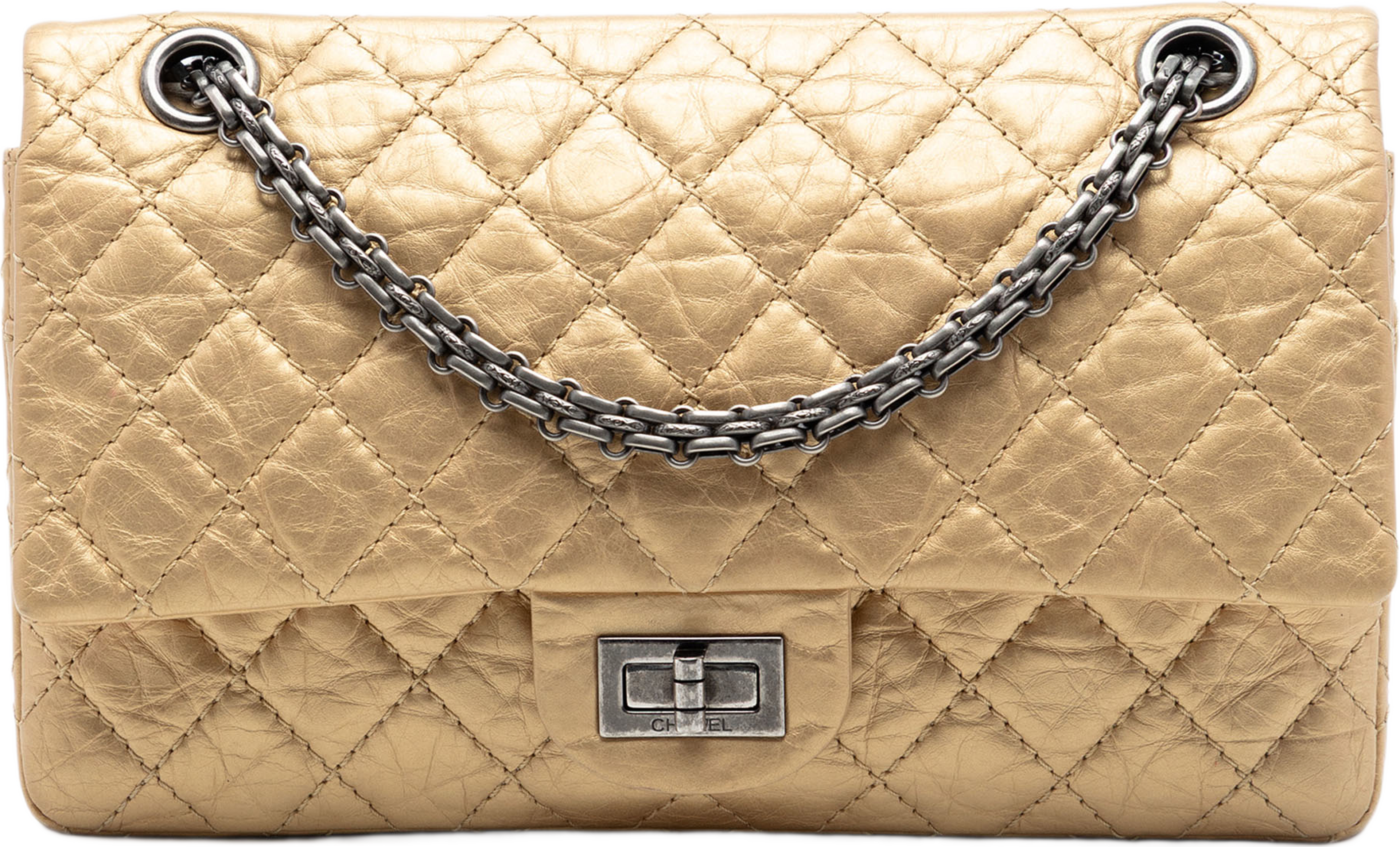 Chanel Quilted Aged Calfskin Reissue 2.55 Double Flap 225, från Luxclusif, i färgen gold. Klicka för att öppna bilden i stort format