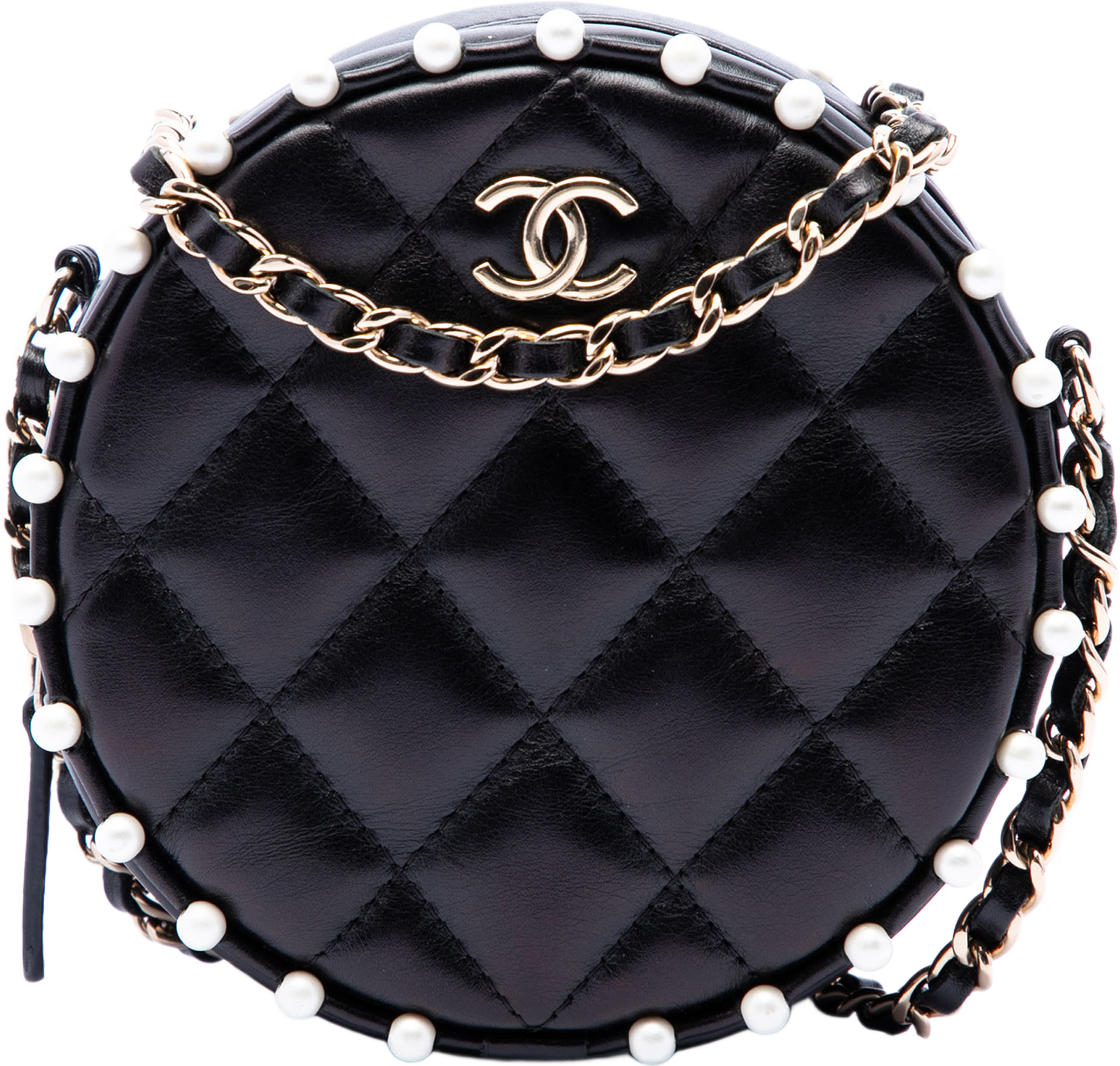 Chanel Quilted Calfskin Pearl Studded Round Clutch With Chain, från Luxclusif, i färgen black. Klicka för att öppna bilden i stort format