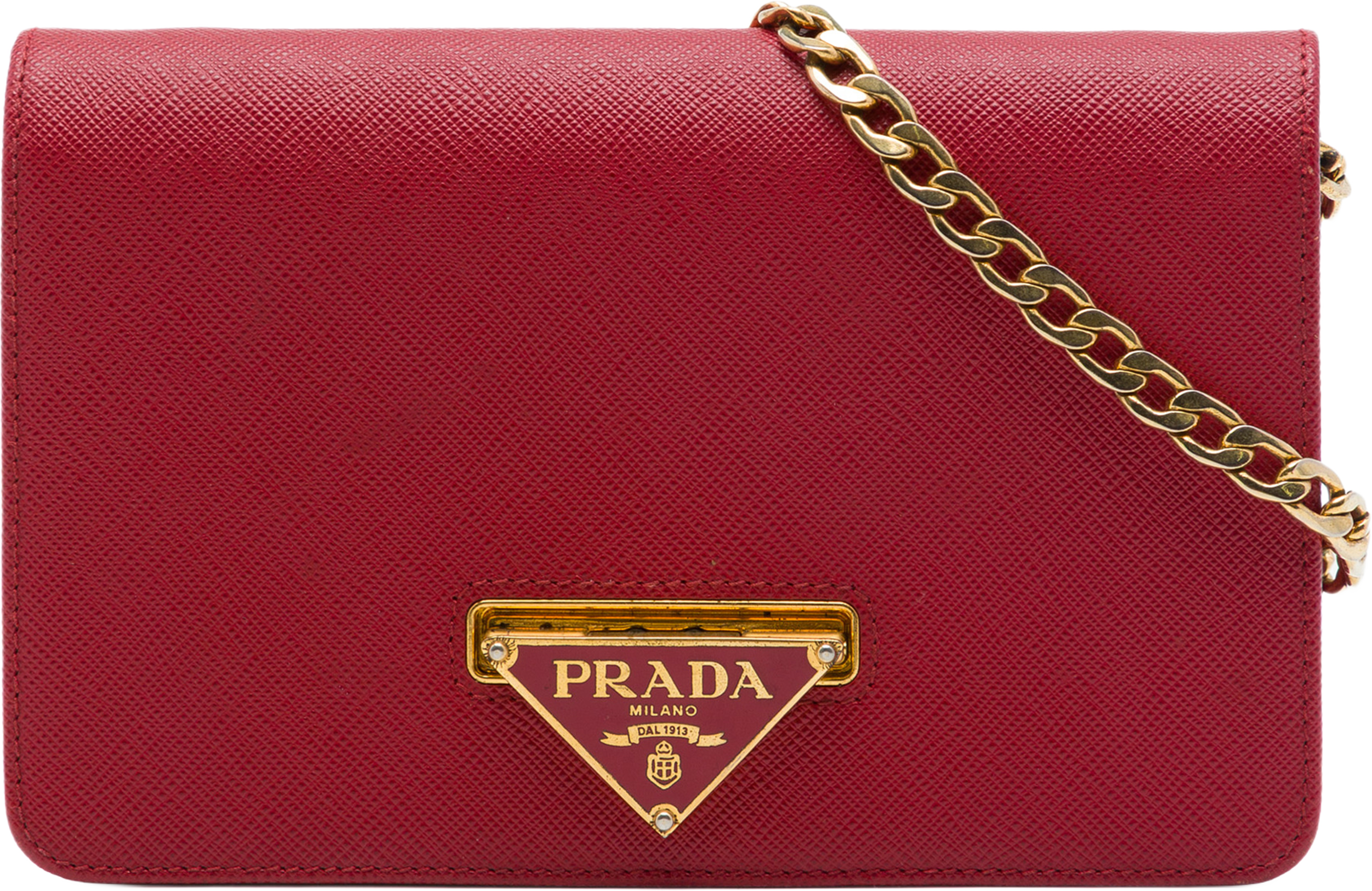 Prada Saffiano Lux Flip Lock Wallet On Chain, från Luxclusif, i färgen röd. Klicka för att öppna bilden i stort format