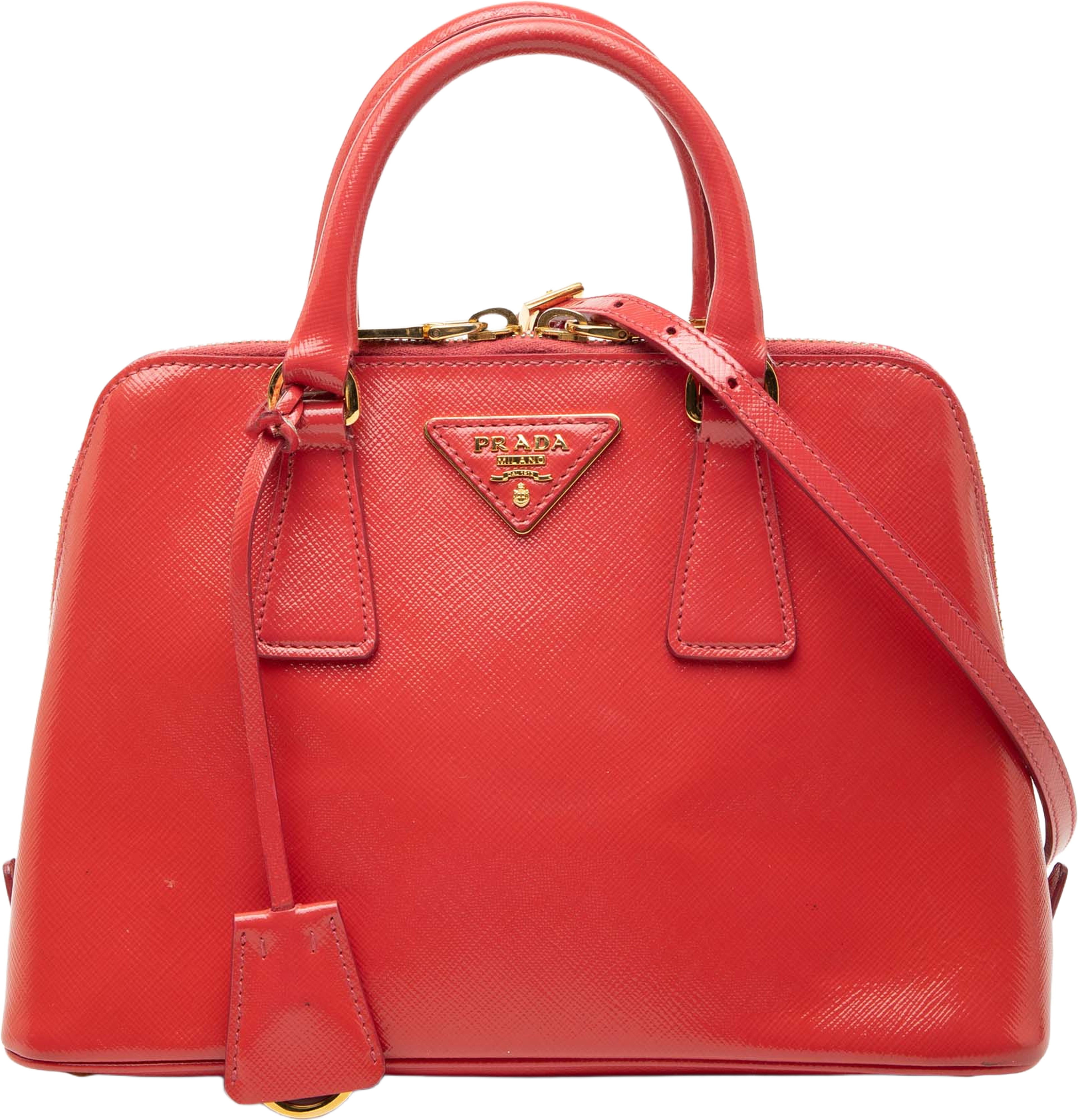 Prada Small Saffiano Vernice Promenade Satchel, från Luxclusif, i färgen red. Klicka för att öppna bilden i stort format