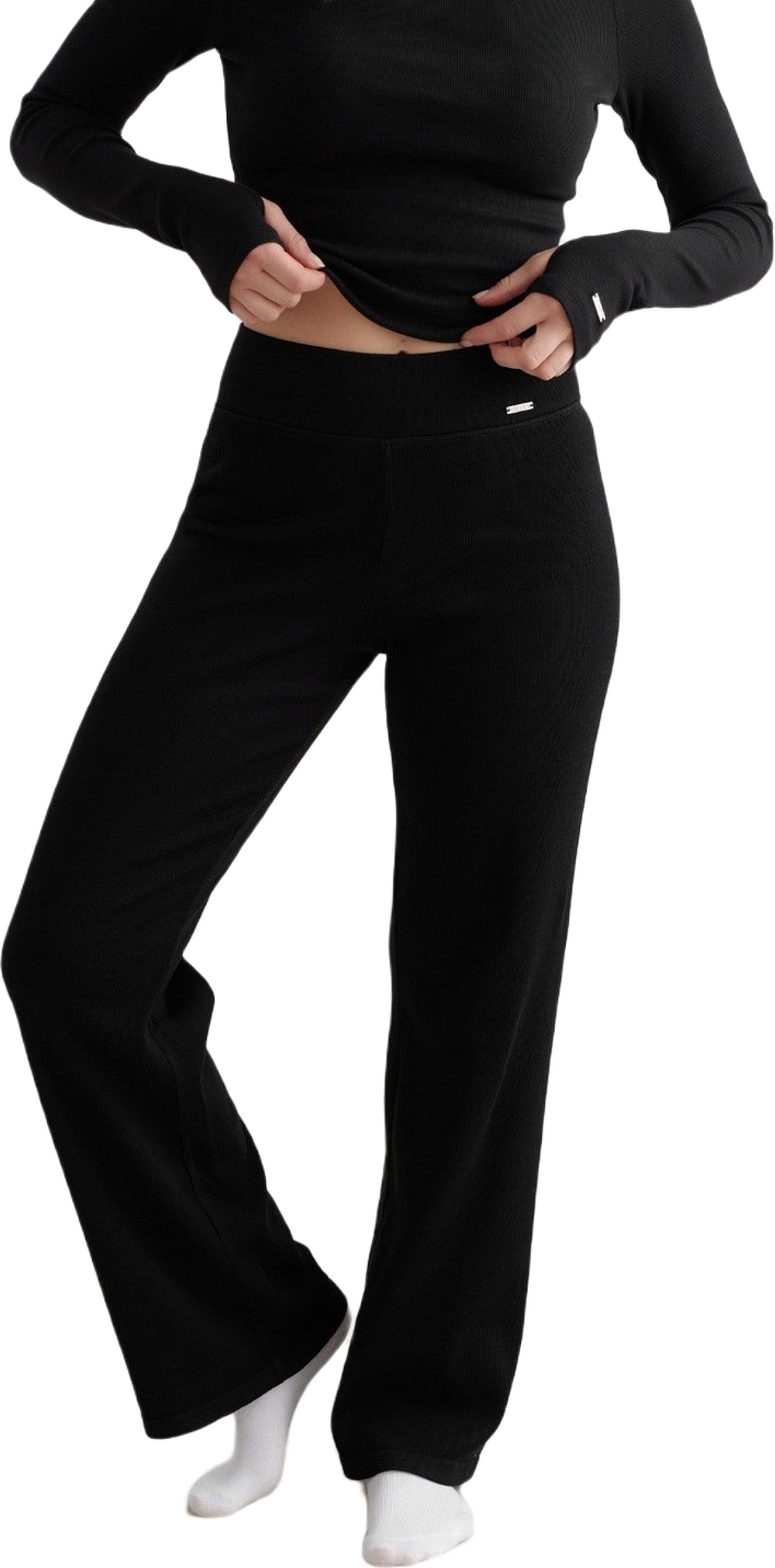 Black Ribbed Wool Wide Pants