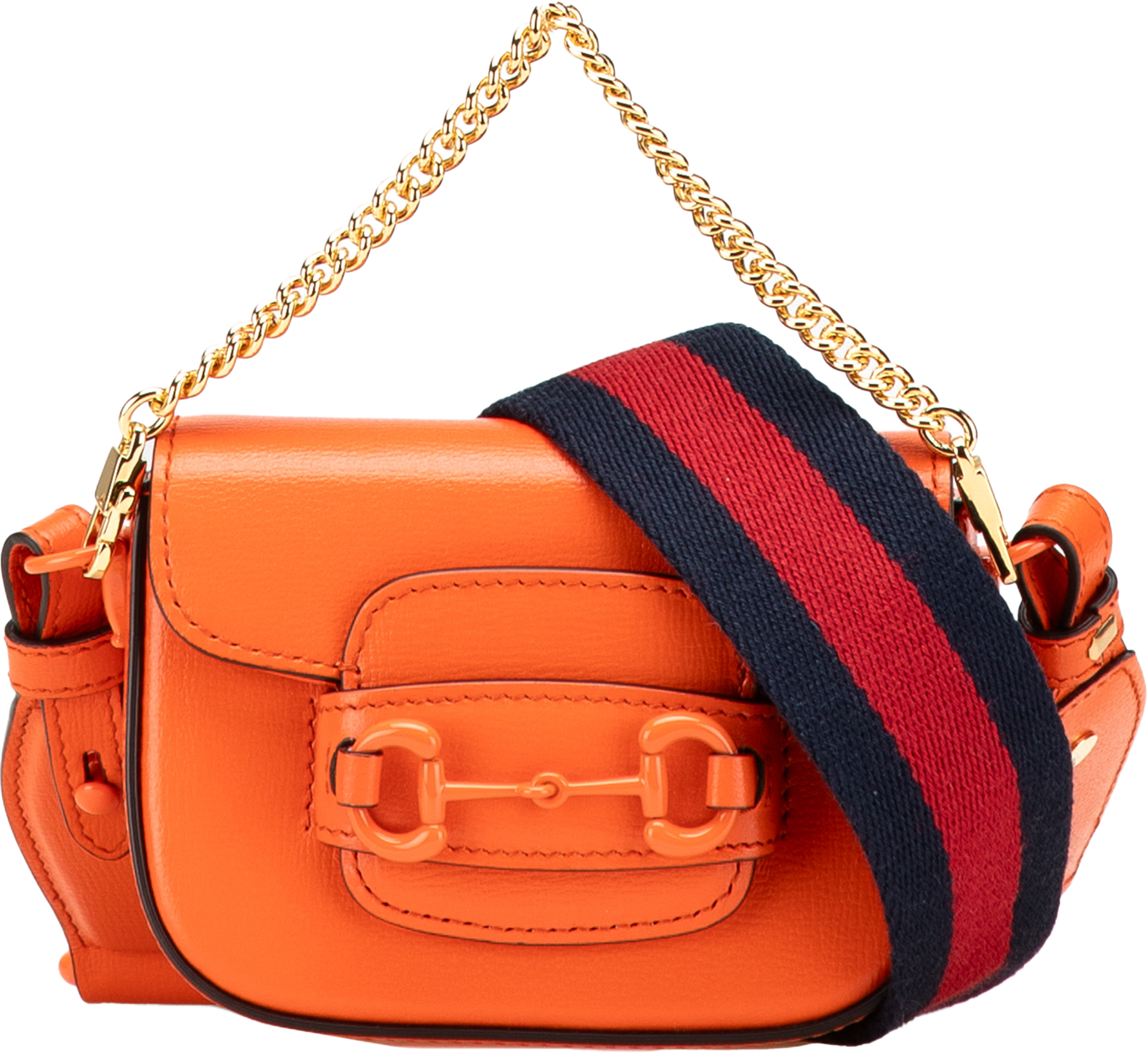 Gucci Mini Leather Horsebit 1955 Web Satchel, från Luxclusif, i färgen orange. Klicka för att öppna bilden i stort format