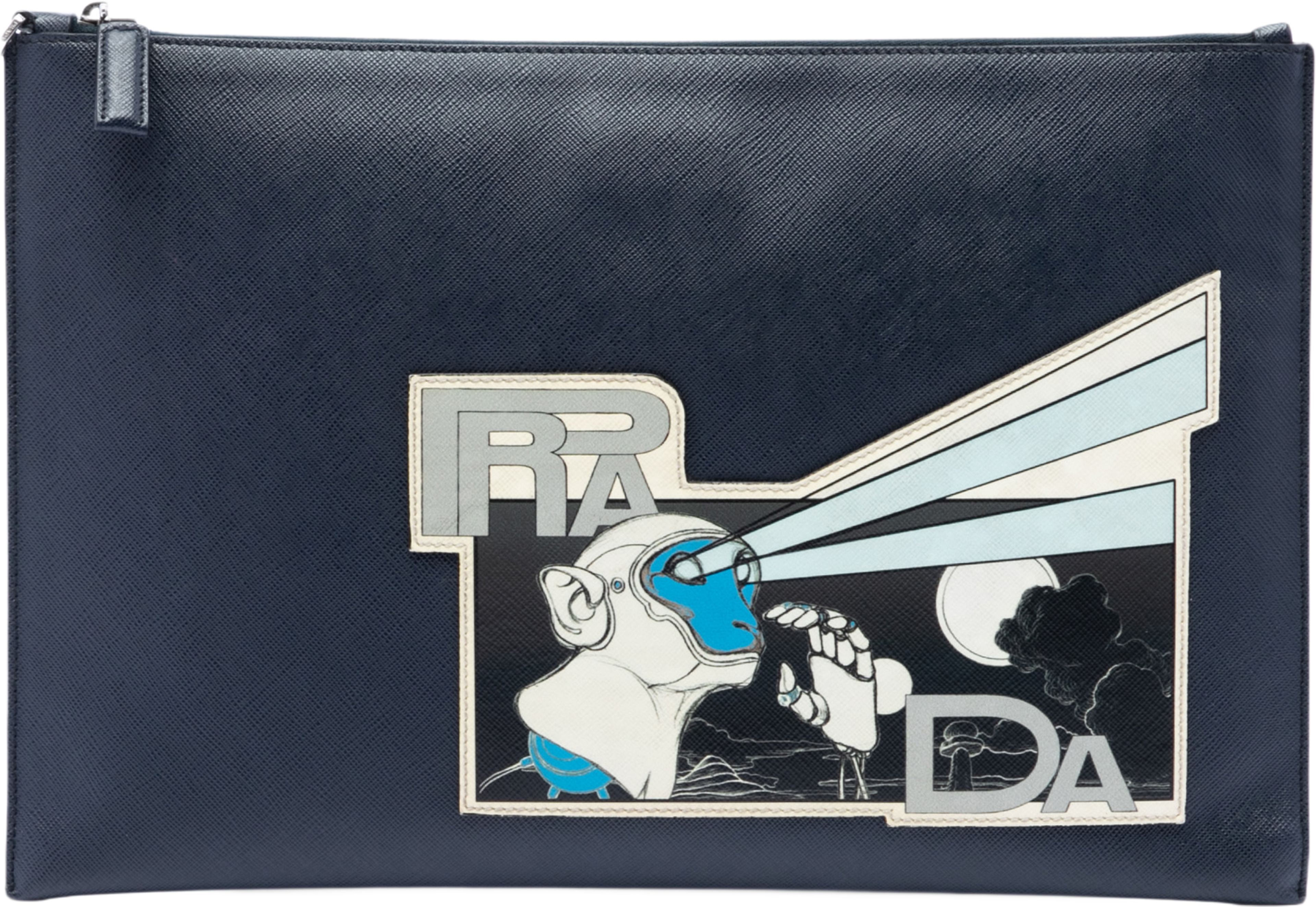 Prada Saffiano Monkey Robot Clutch, från Luxclusif, i färgen blå. Klicka för att öppna bilden i stort format
