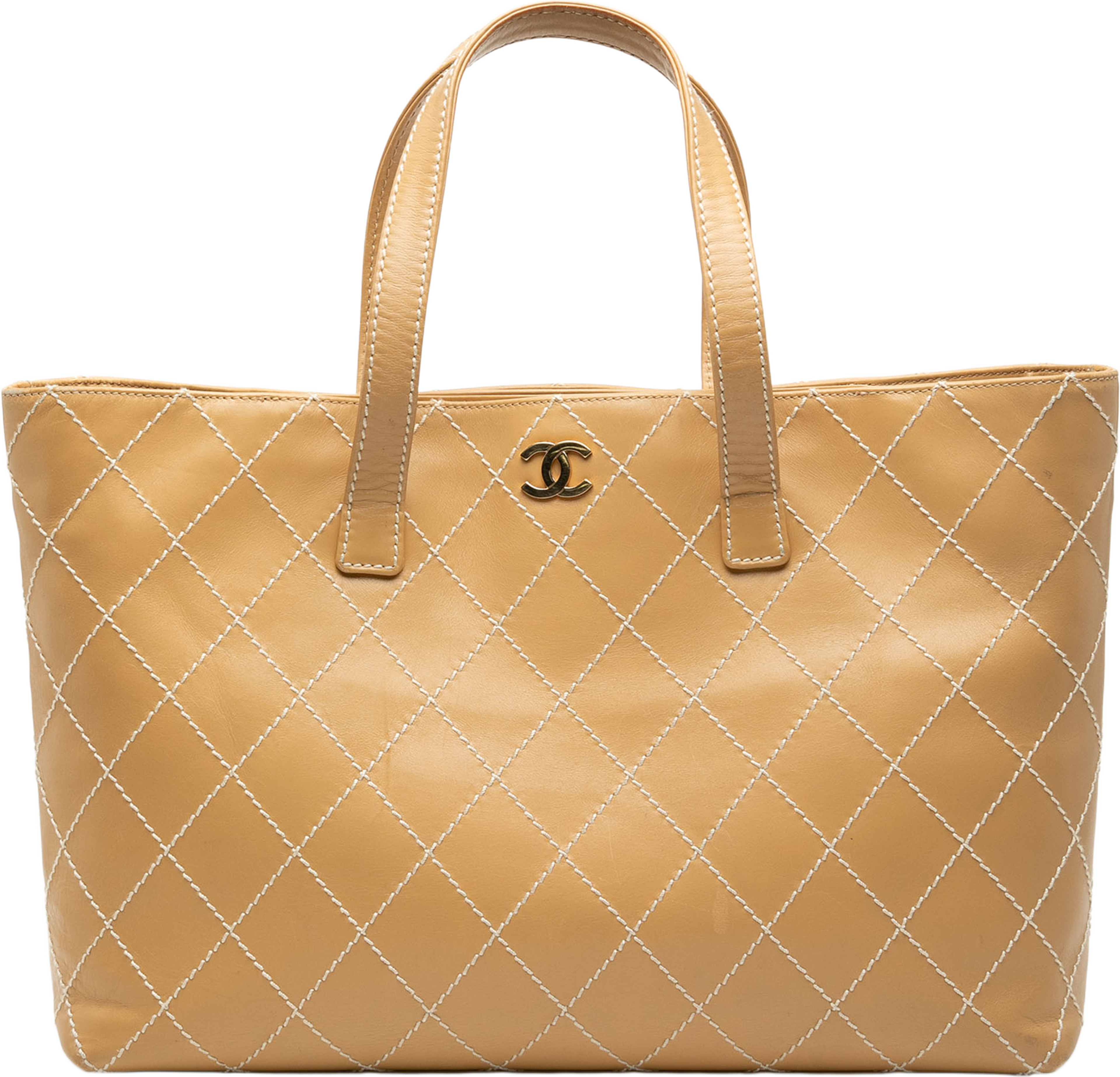 Chanel Large Cc Calfskin Wild Stitch Tote, från Luxclusif, i färgen beige. Klicka för att öppna bilden i stort format