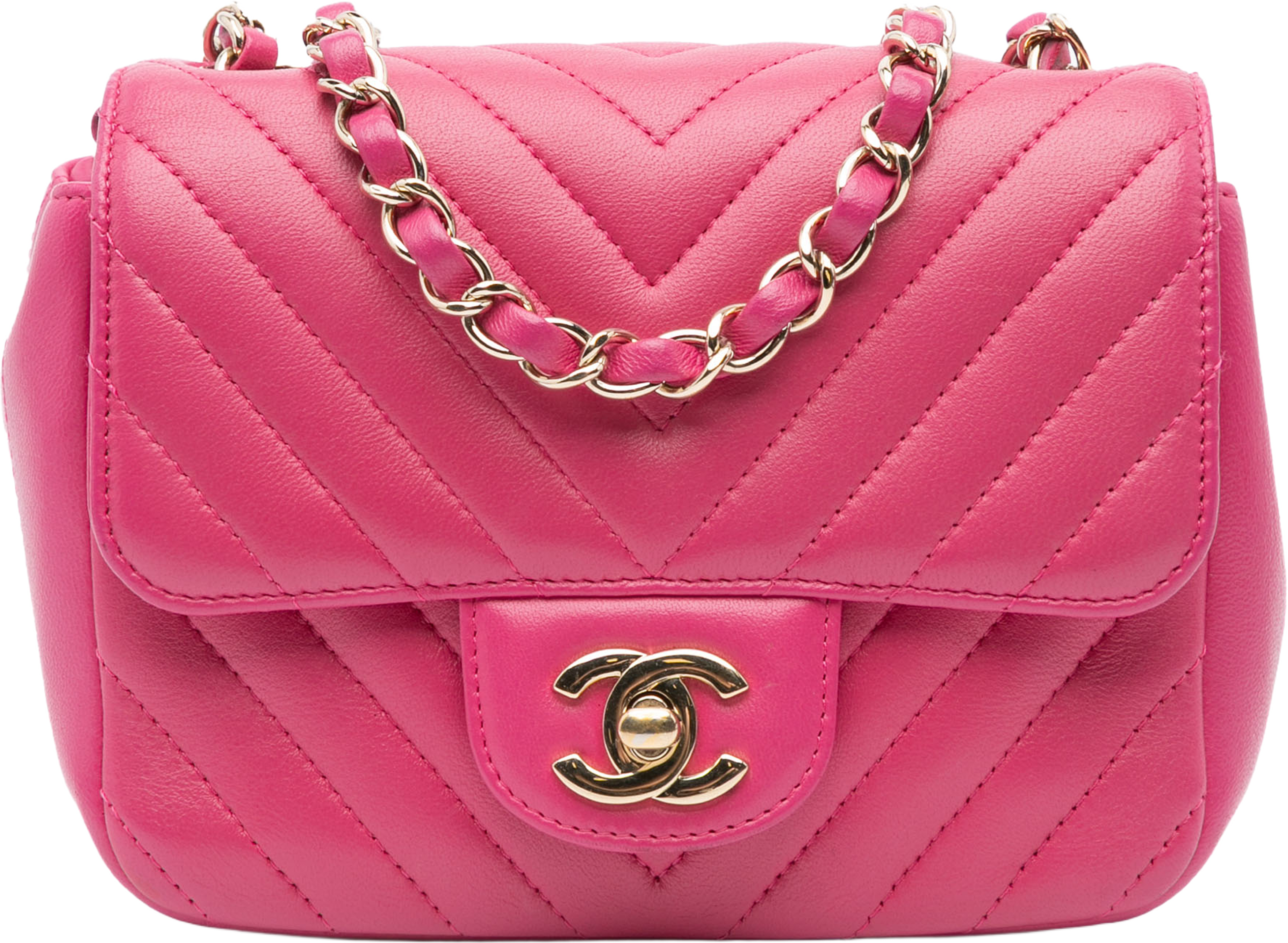 Chanel Mini Square Classic Chevron Lambskin Single Flap, från Luxclusif, i färgen pink. Klicka för att öppna bilden i stort format