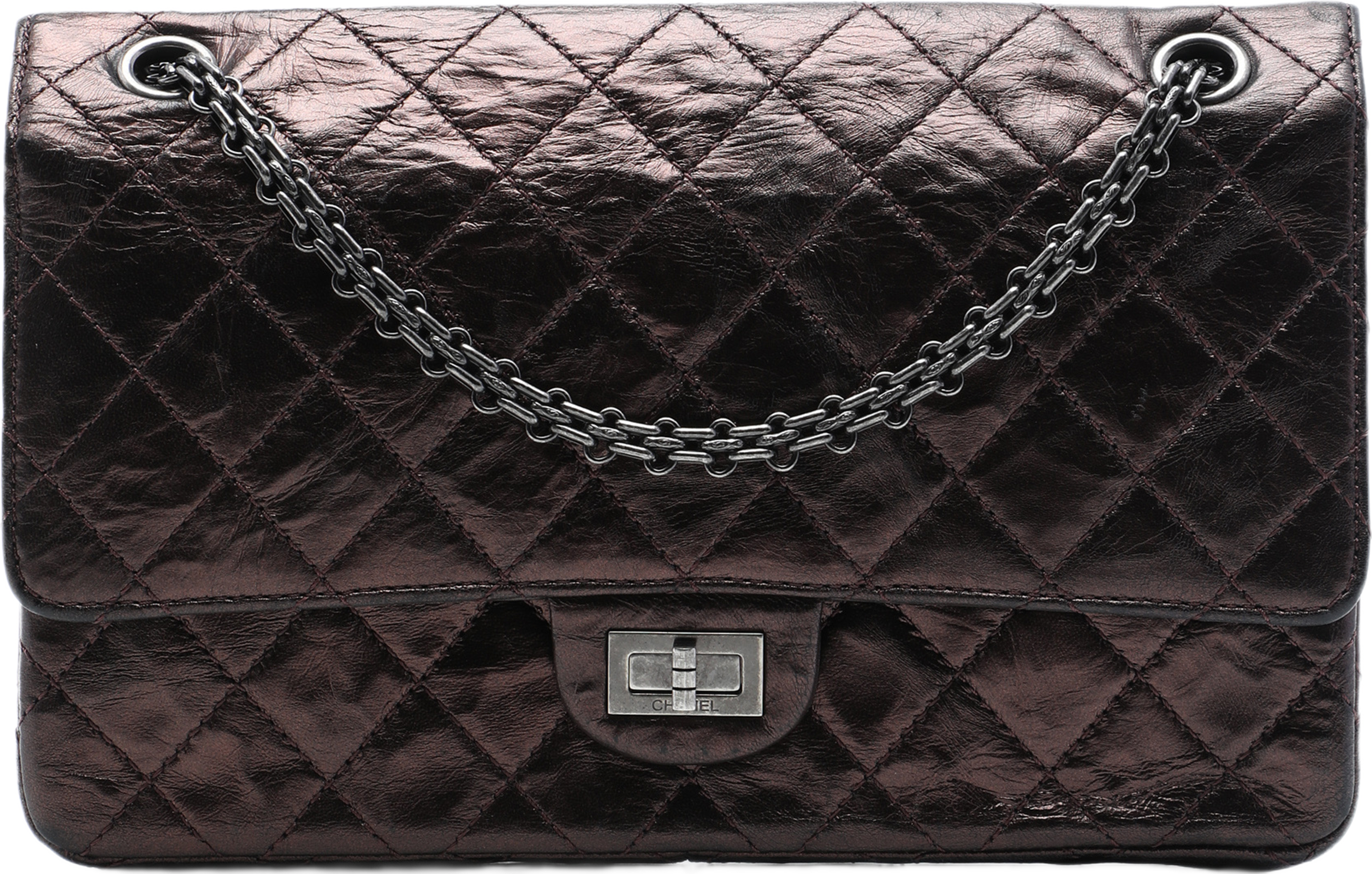 Chanel Quilted Metallic Aged Calfskin Reissue 2.55 Double Flap 226, från Luxclusif, i färgen brun. Klicka för att öppna bilden i stort format