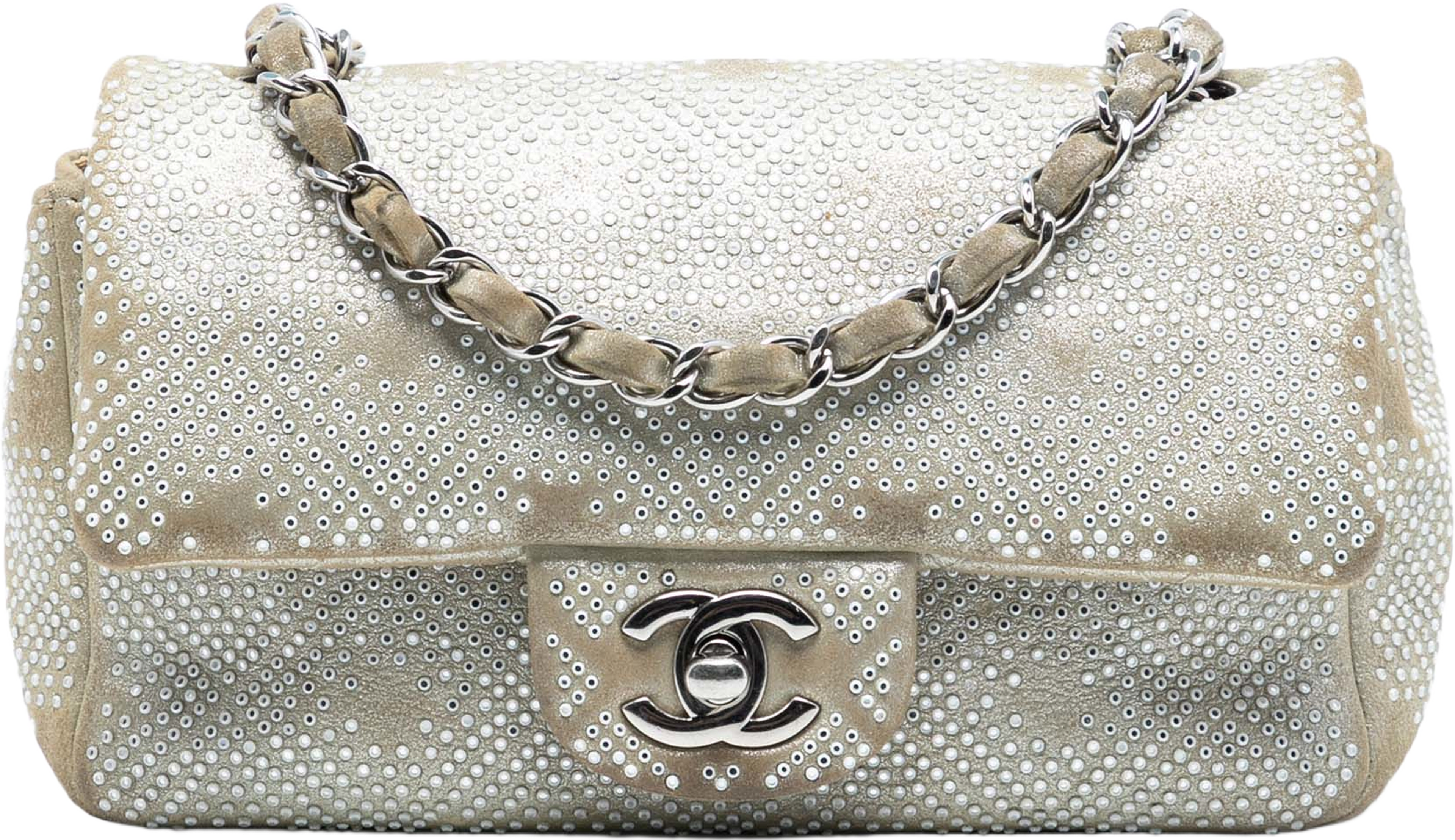 Chanel Mini Rectangular Iridescent Calfskin Strass Embellished Single Flap, från Luxclusif, i färgen beige. Klicka för att öppna bilden i stort format