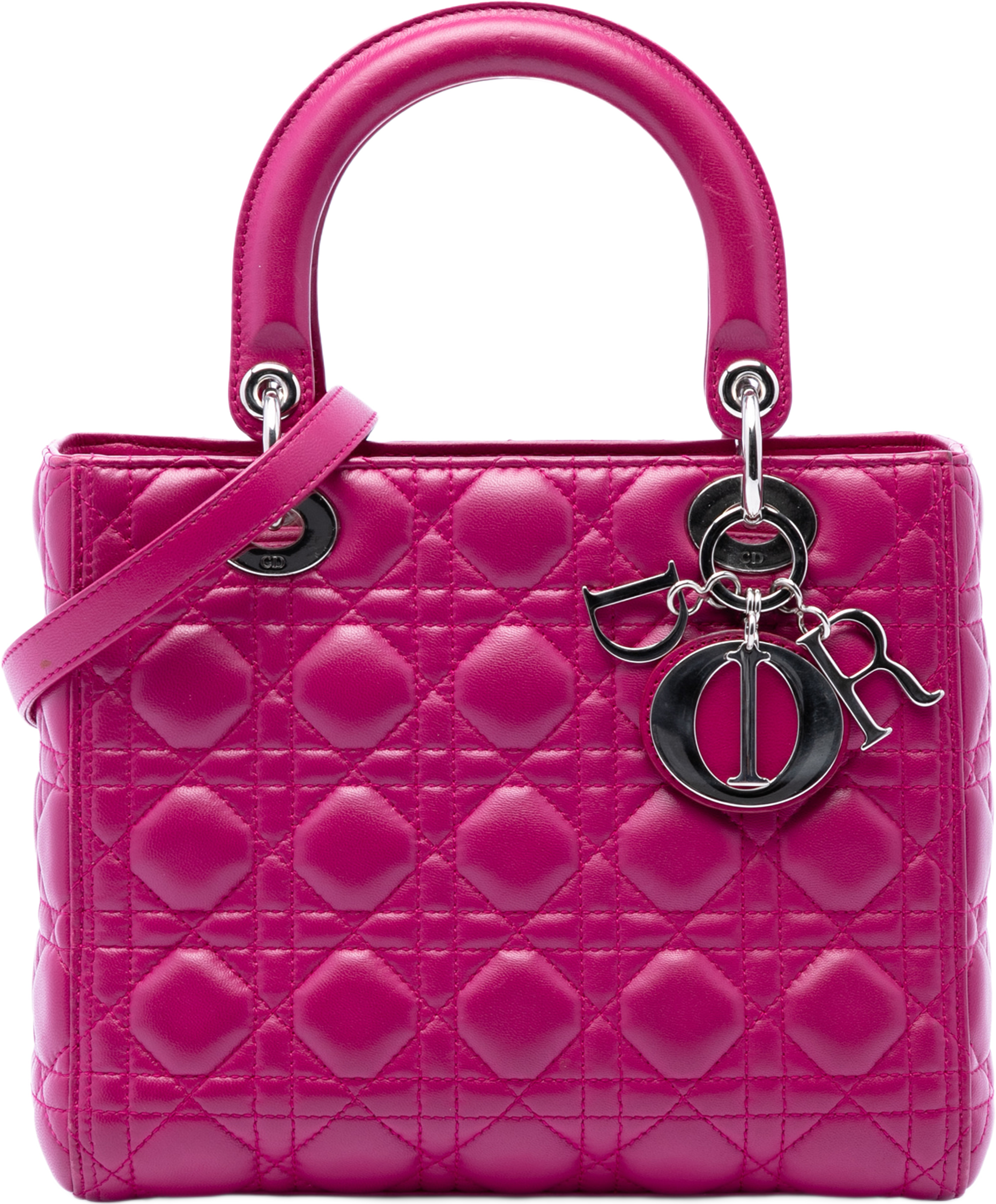 Dior Medium Lambskin Cannage Lady Dior, från Luxclusif, i färgen hot pink. Klicka för att öppna bilden i stort format