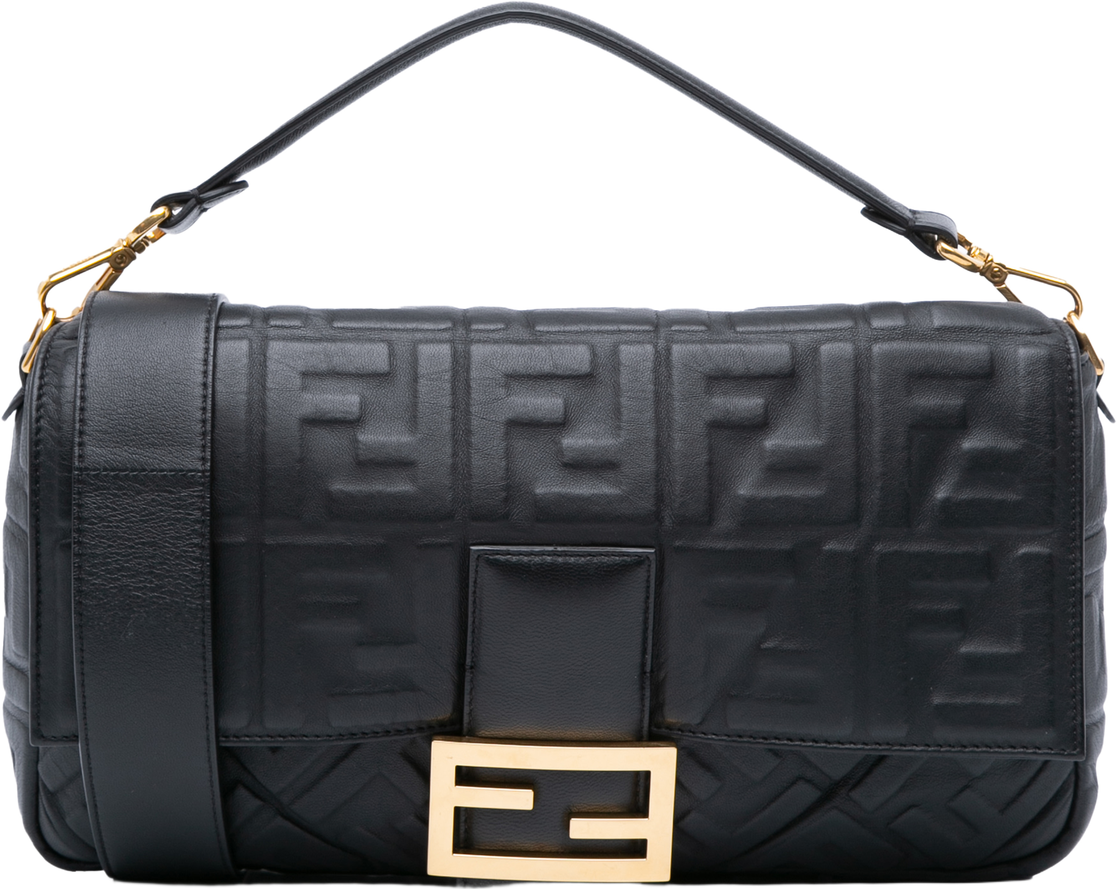 Fendi Large Zucca Embossed Leather Baguette Satchel, från Luxclusif, i färgen black. Klicka för att öppna bilden i stort format