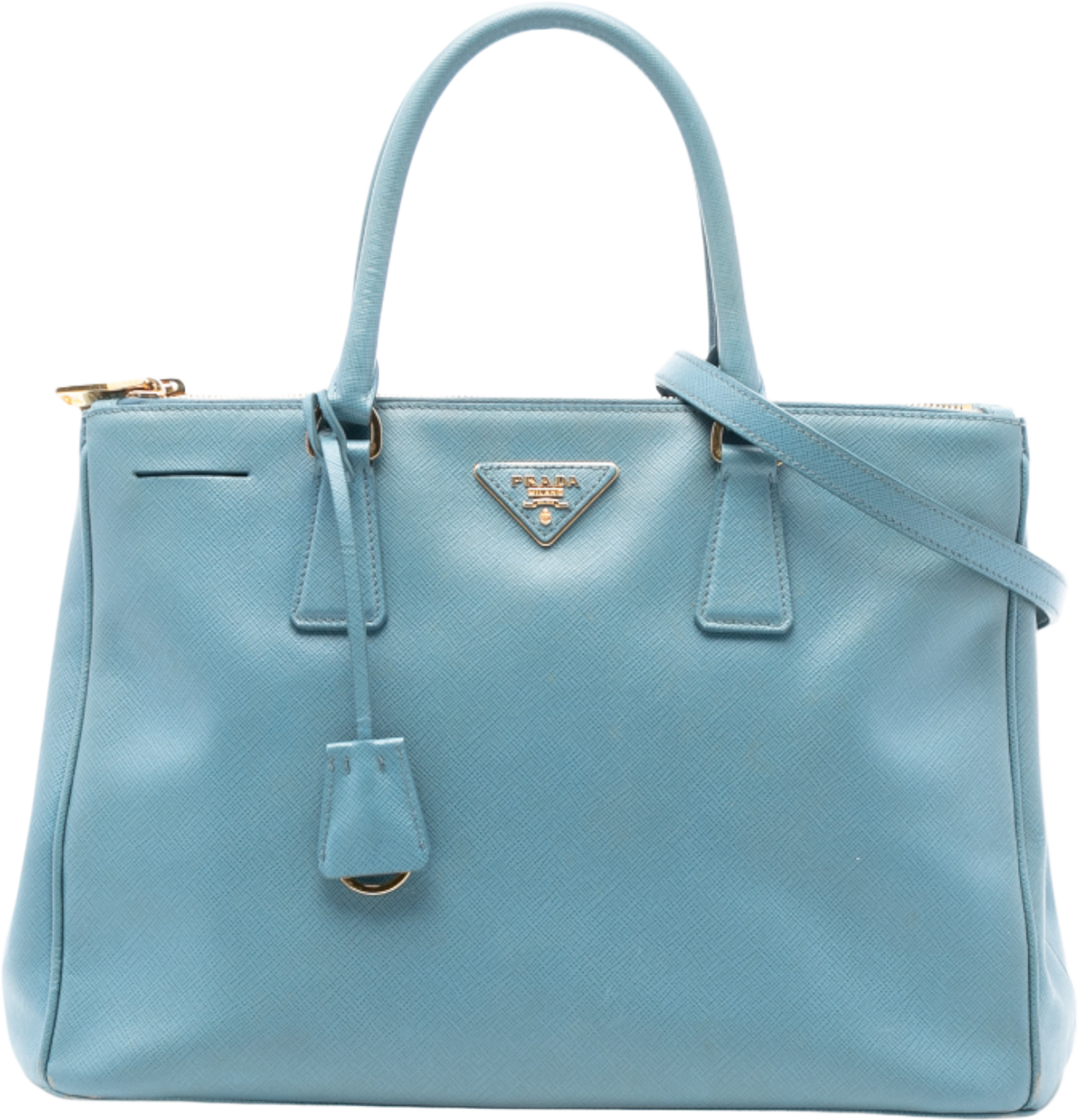 Prada Medium Saffiano Lux Galleria Double Zip Satchel, från Luxclusif, i färgen light blue. Klicka för att öppna bilden i stort format