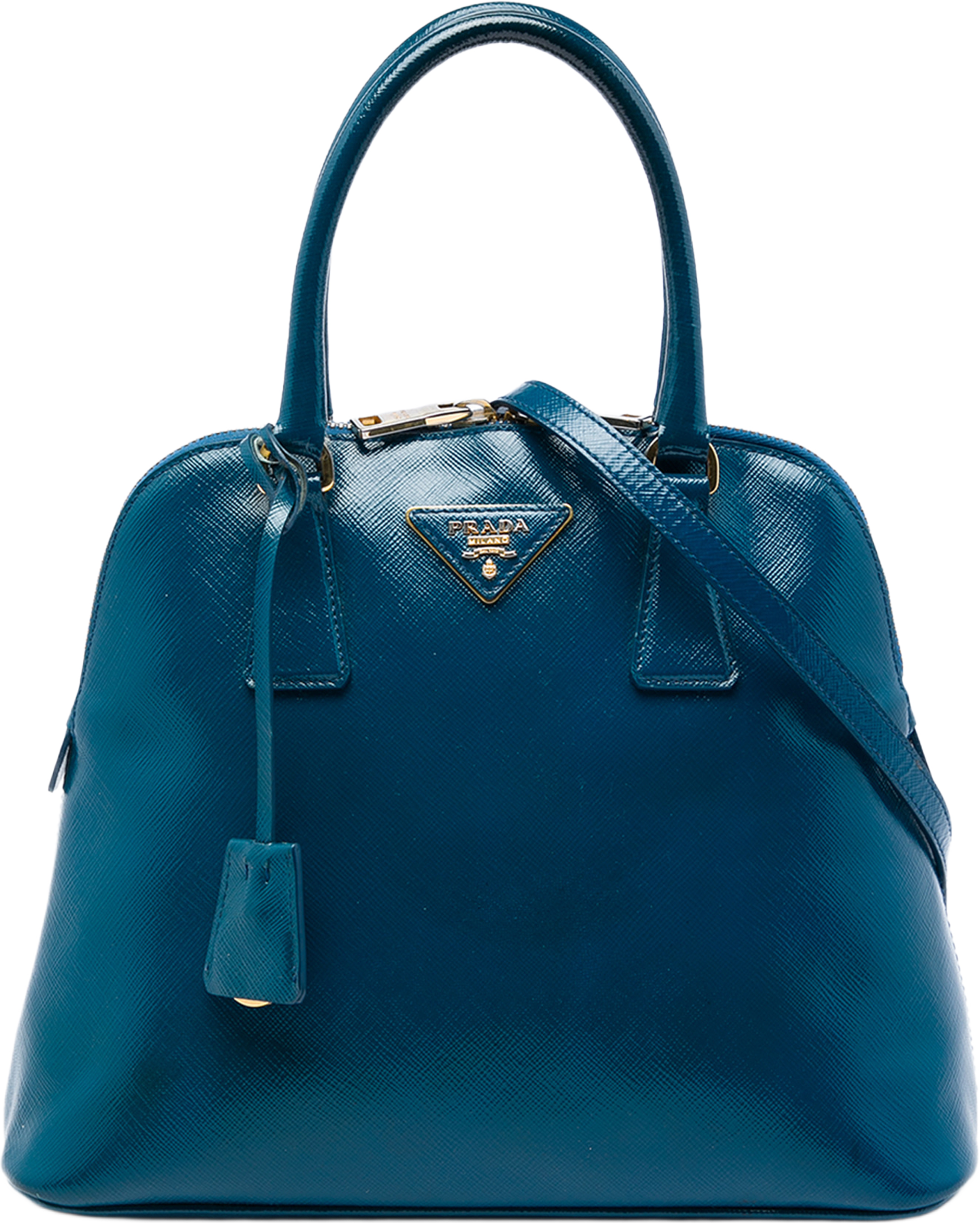 Prada Saffiano Vernice Dome Satchel, från Luxclusif, i färgen blå. Klicka för att öppna bilden i stort format