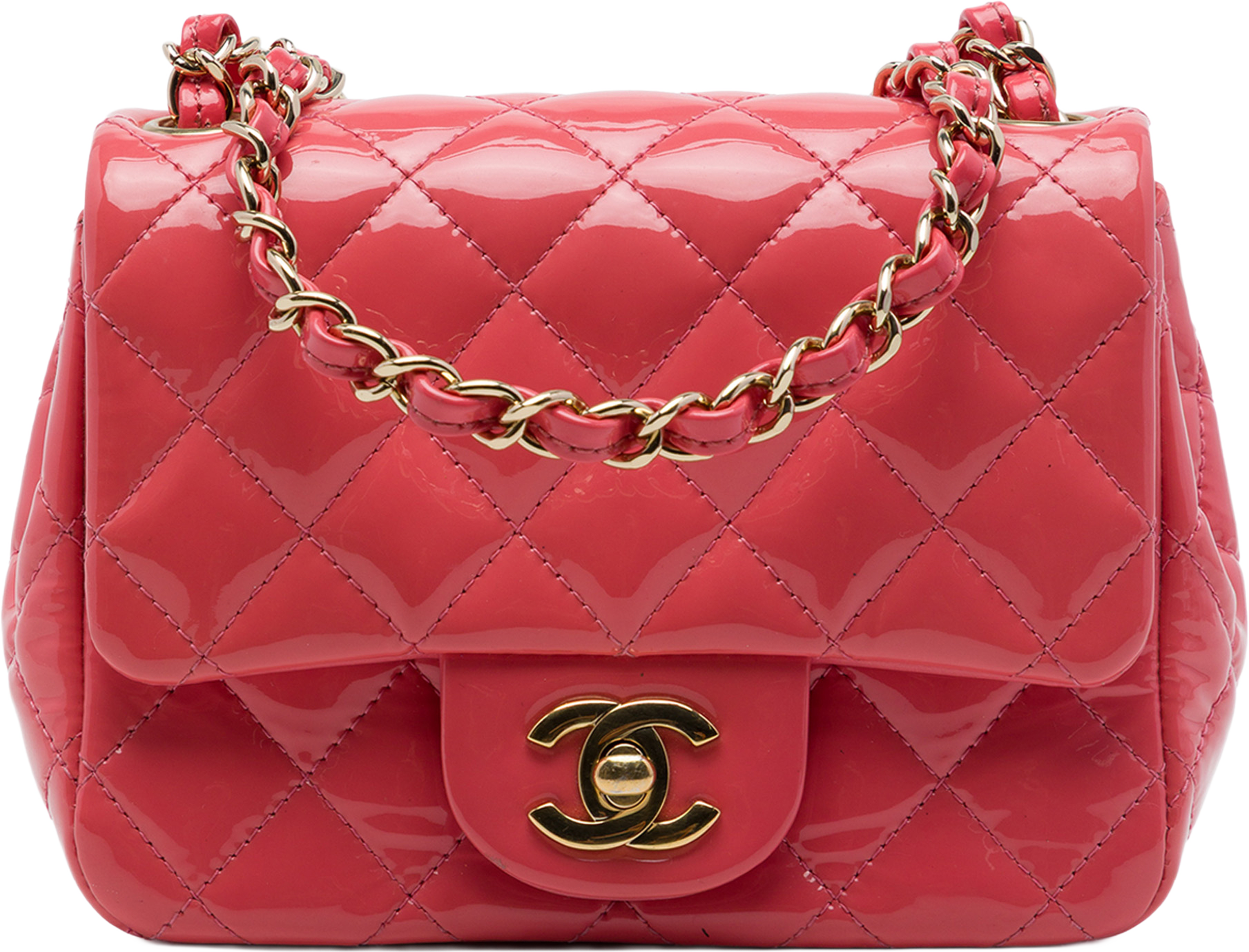 Chanel Mini Square Classic Patent Single Flap, från Luxclusif, i färgen rosa. Klicka för att öppna bilden i stort format