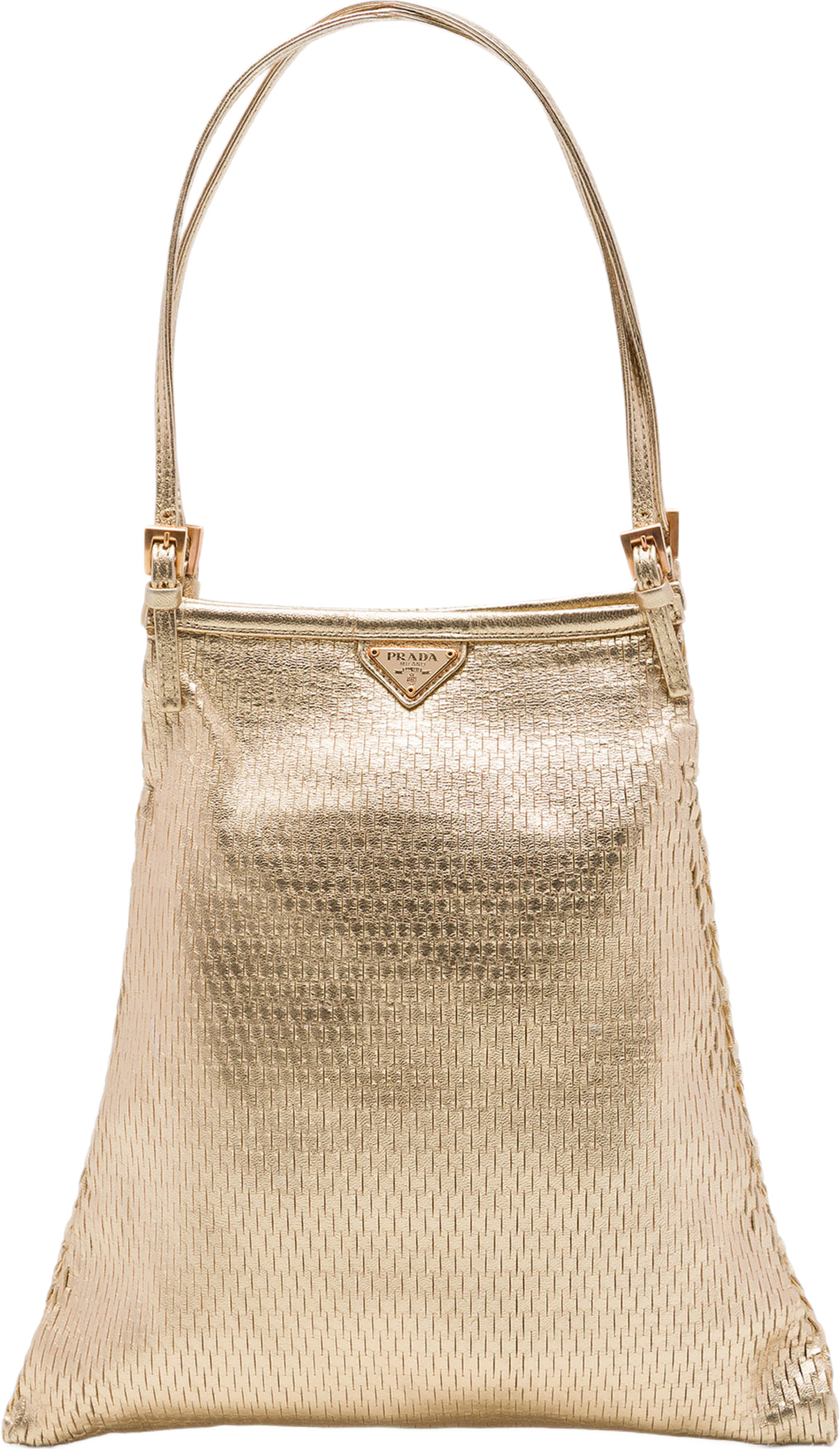 Prada Metallic Calfskin Woven Slit Patterned Handbag, från Luxclusif, i färgen guld. Klicka för att öppna bilden i stort format