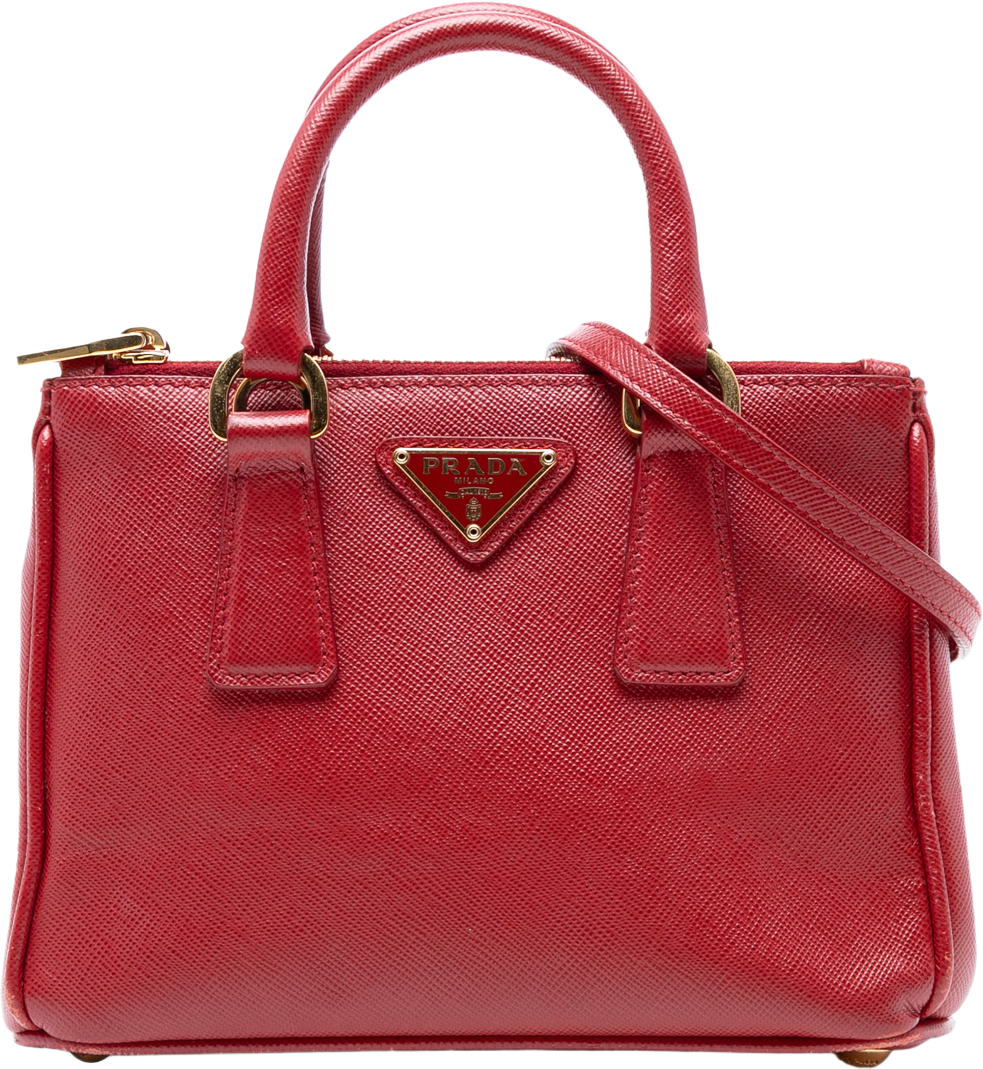 Prada Micro Saffiano Galleria Double Zip Satchel, från Luxclusif, i färgen red. Klicka för att öppna bilden i stort format