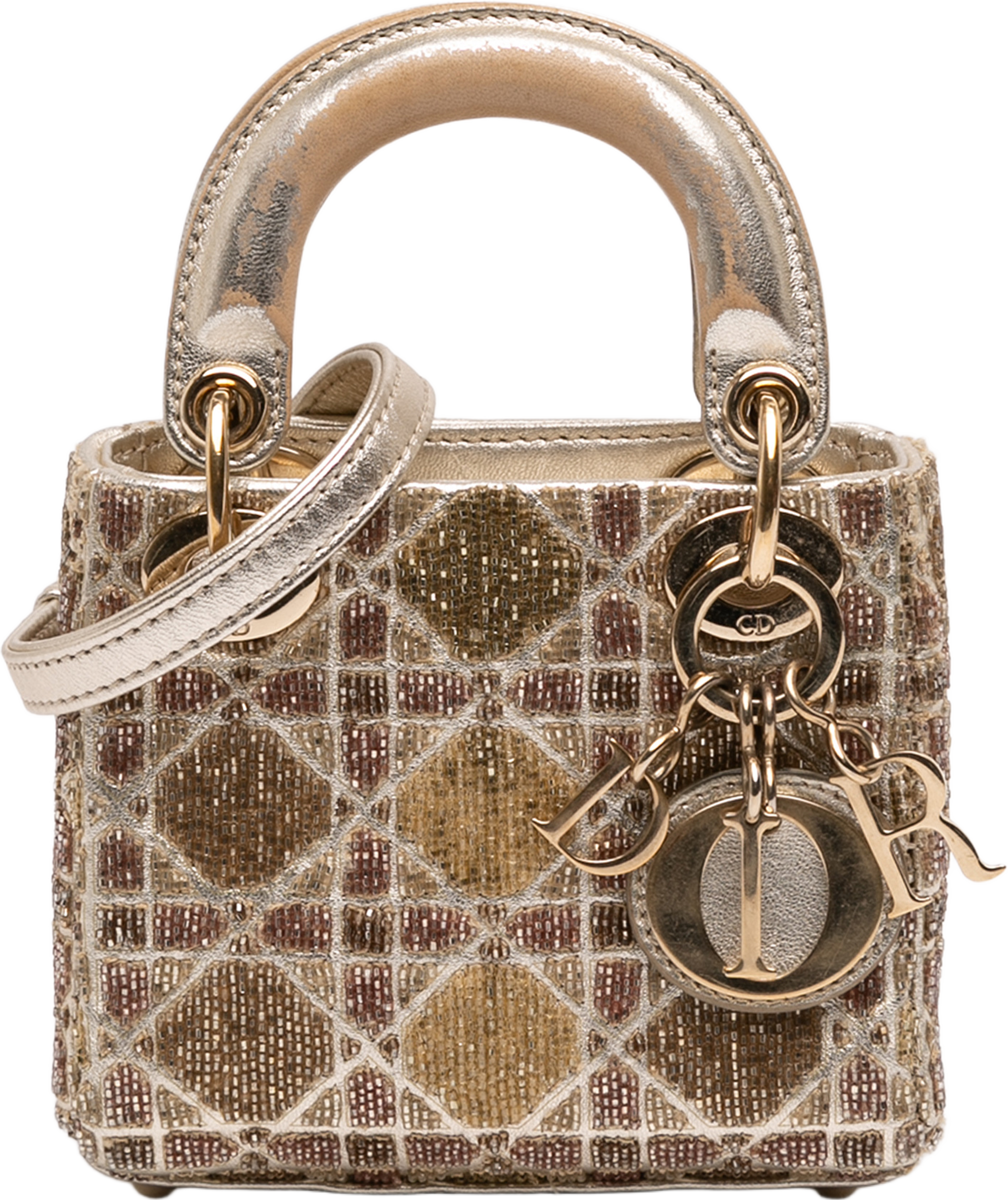 Dior Micro Metallic Calfskin Cannage Beaded Lady Dior, från Luxclusif, i färgen gold. Klicka för att öppna bilden i stort format