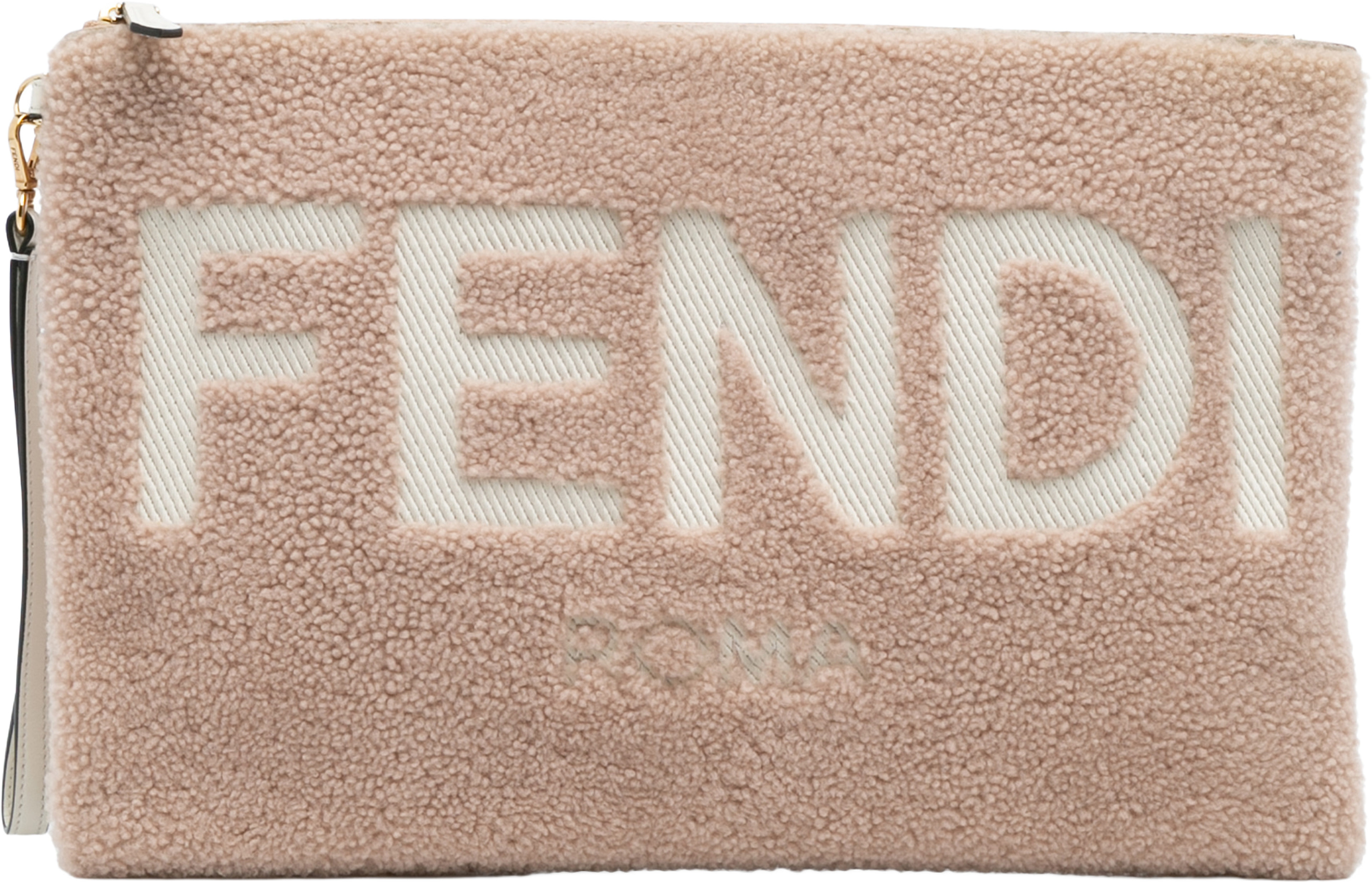 Fendi Shearling Logo Flat Pouch, från Luxclusif, i färgen nude. Klicka för att öppna bilden i stort format