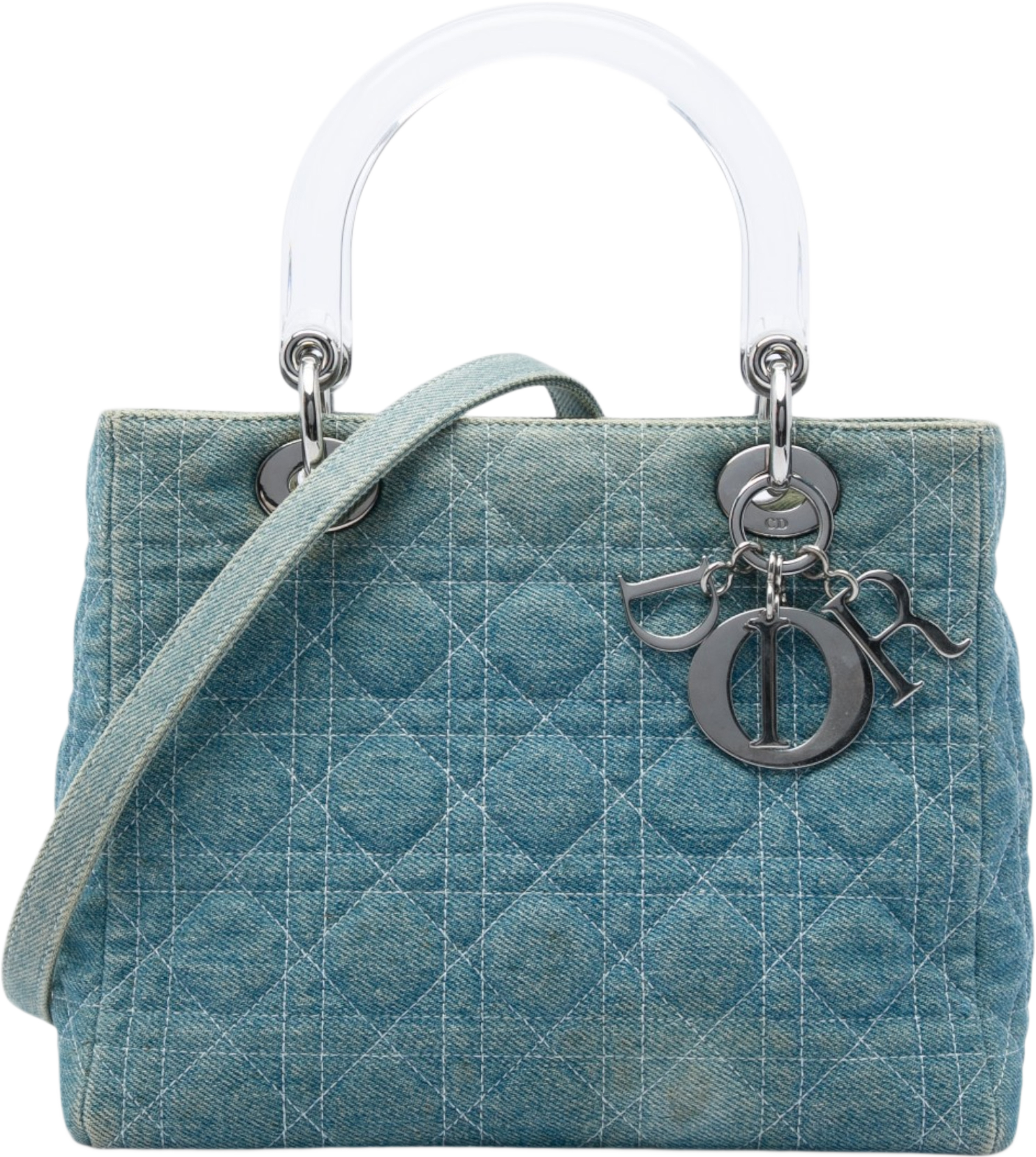 Dior Medium Denim Cannage Acrylic Handles Lady Dior, från Luxclusif, i färgen blå. Klicka för att öppna bilden i stort format