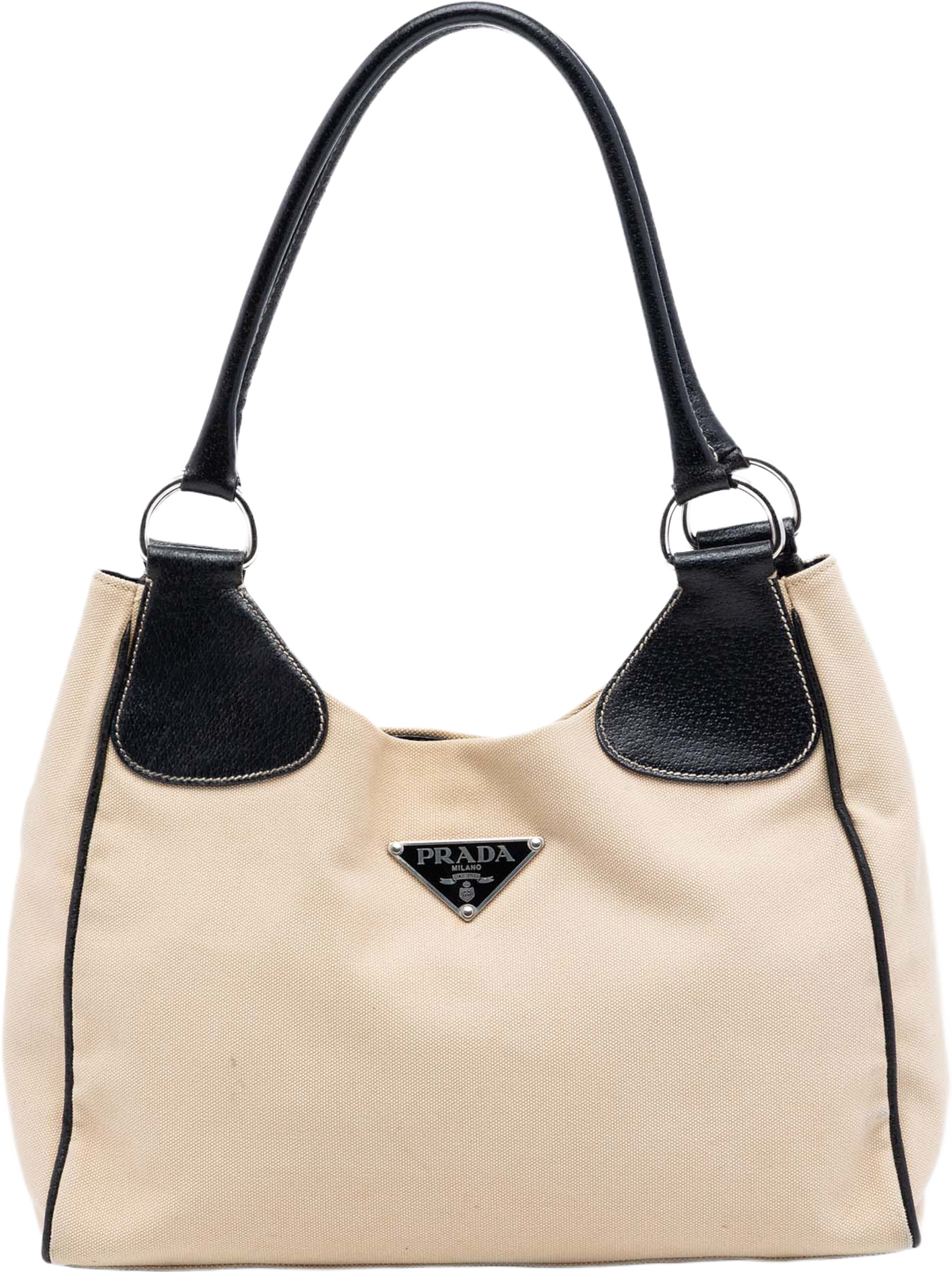 Prada Cinghiale Trimmed Canapa Shoulder Bag, från Luxclusif, i färgen light beige. Klicka för att öppna bilden i stort format